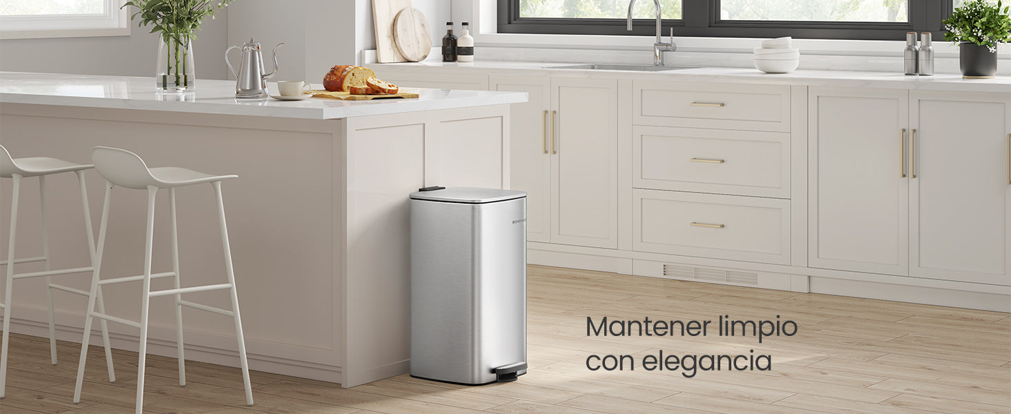 SONGMICS-papelera de cocina de 8 galones con Pedal de acero, cubo interior, cierre suave y se mantiene abierto, color plateado metálico, 30 L,Beige Arena/Negro Tinta
