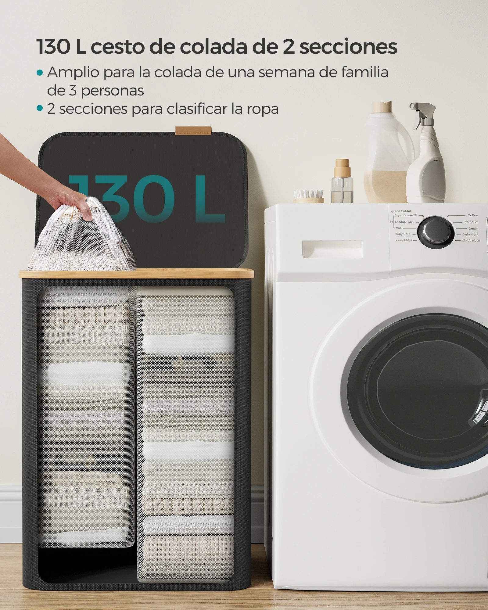 SONGMICS Cesto de Ropa Sucia con Tapa, Gran Cesta Colada de 2 Secciones, 130 L/65 L, Forro de Malla Extraíble, Tejido Oxford, Asas Bambú, Plegable, 52 x 38,5 x 70,5 cm/42 x 22,5 x 70,5 cm, Negro Tinta/Gris Paloma/Blanco Cre