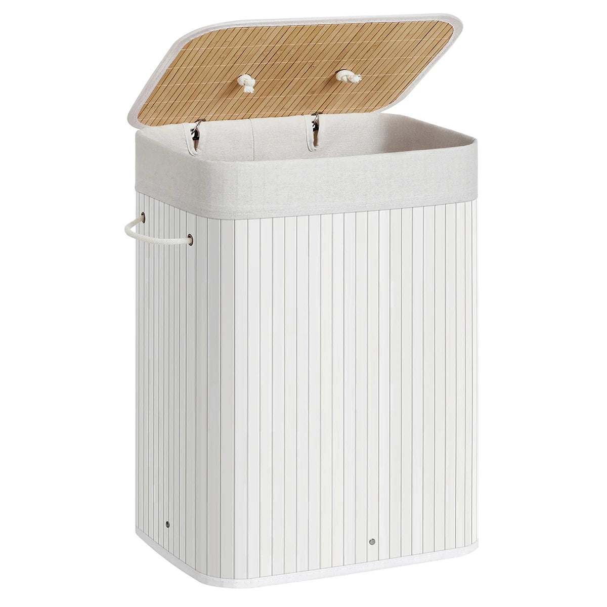 SONGMICS Cesto de la Ropa Sucia con Tapa, 72 L, Cesto de Lavandería de Bambú, Plegable, con Bolsa Lavable Extraíble, Asas, para Lavandería, Dormitorio, Gris/Natural/Negro/Blanco