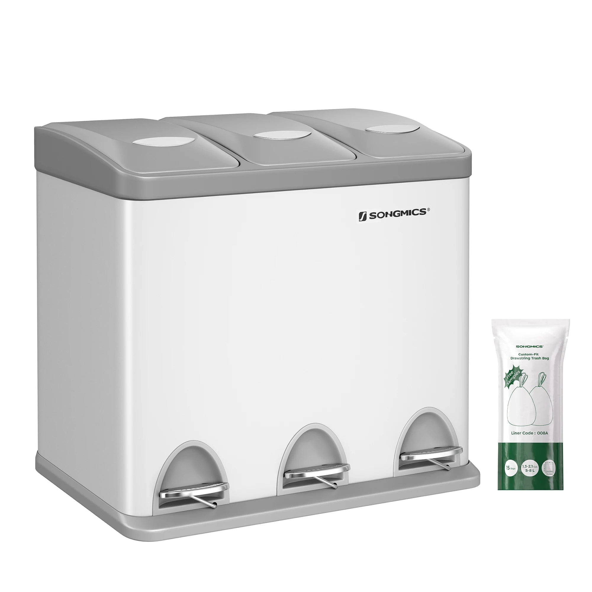 SONGMICS - Papelera de cocina, 3 x 8 L, con tapas, basura triple de acero para pequeñas familias, pedales y cuartos, fácil de limpiar, Plata y Negro/Blanco Crema y Marrón/Blanco Crema y Marrón/Negro/Blanco y Gris