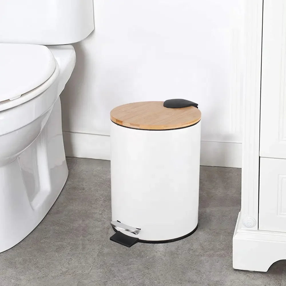 Cubo de basura Metal Con Tapa Bambú Caída Amortiguada 3 L, Papelera con pedal pequeño para Baño - Tendance