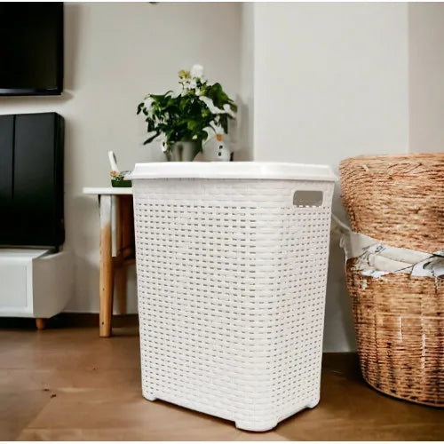 Cesta de la ropa Pongo todo Cesto Mimbre plástico para la Colada efecto Rattan (Blanco) COSHANO