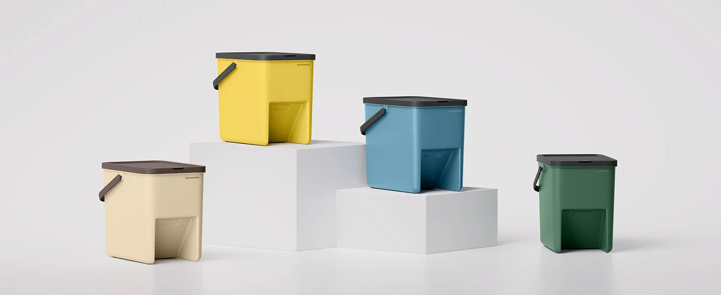 SONGMICS Cubo de Basura, Juego de 4 Cubos Apilables, 20 L Cada, Sistema de Separación Residuos, Tapas Apertura a Presión, con Pegatinas, Cubo de Almacenaje, Amarillo, Azul, Beige y Verde