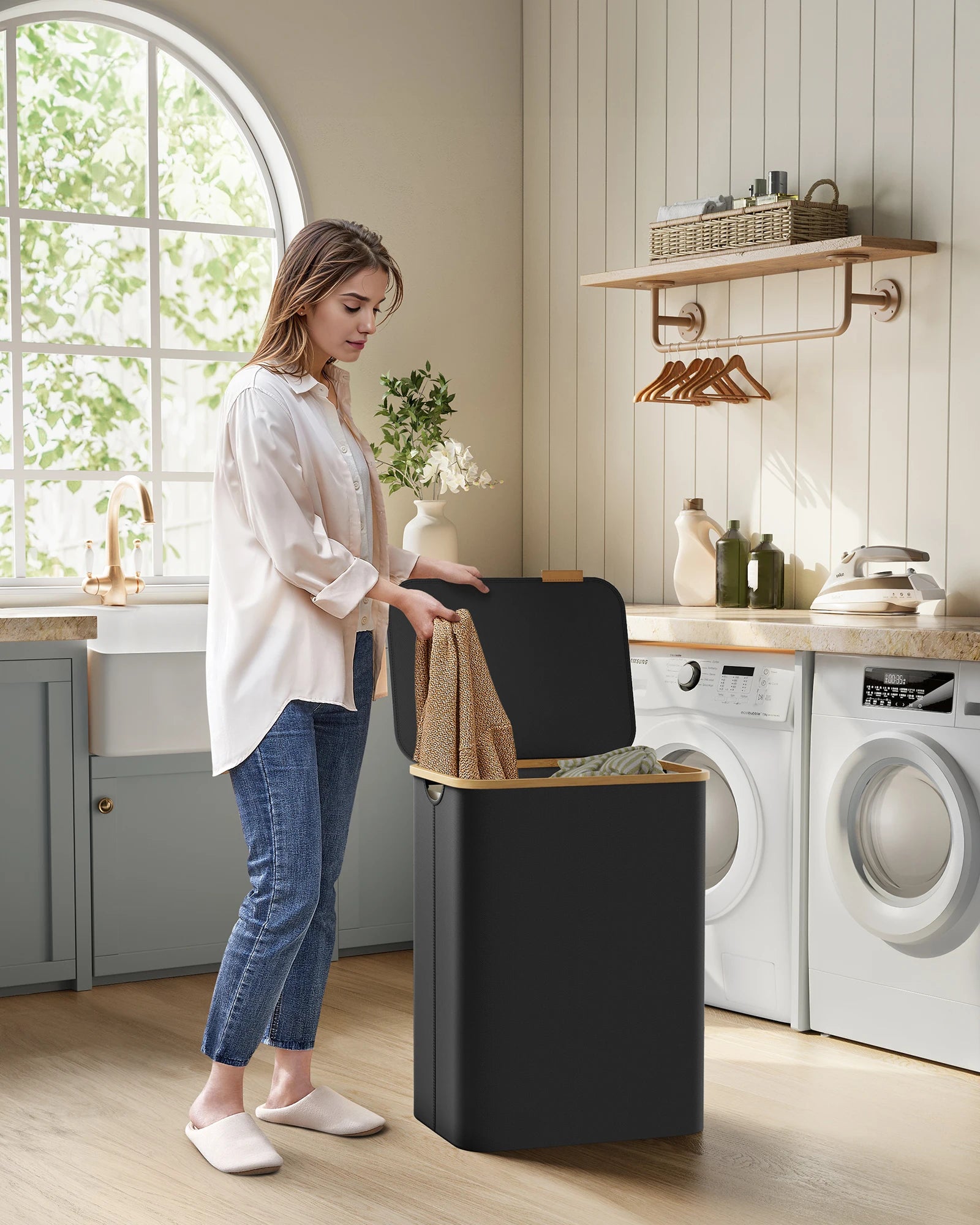 SONGMICS Cesto de Ropa Sucia con Tapa, Gran Cesta Colada de 2 Secciones, 130 L/65 L, Forro de Malla Extraíble, Tejido Oxford, Asas Bambú, Plegable, 52 x 38,5 x 70,5 cm/42 x 22,5 x 70,5 cm, Negro Tinta/Gris Paloma/Blanco Cre