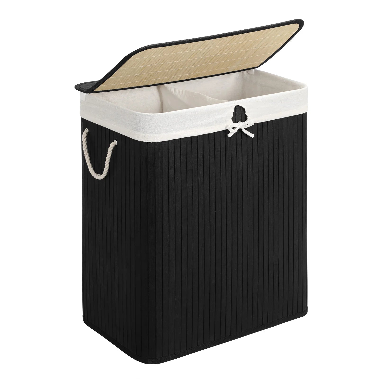SONGMICS Cesta de lavandería con tapa, 2 compartimentos, de bambú, con bolsa extraíble lavable, bolsa extraíble, asas de algodón, 100 l, para colada, dormitorio, Blanco/Gris/Natural/Negro