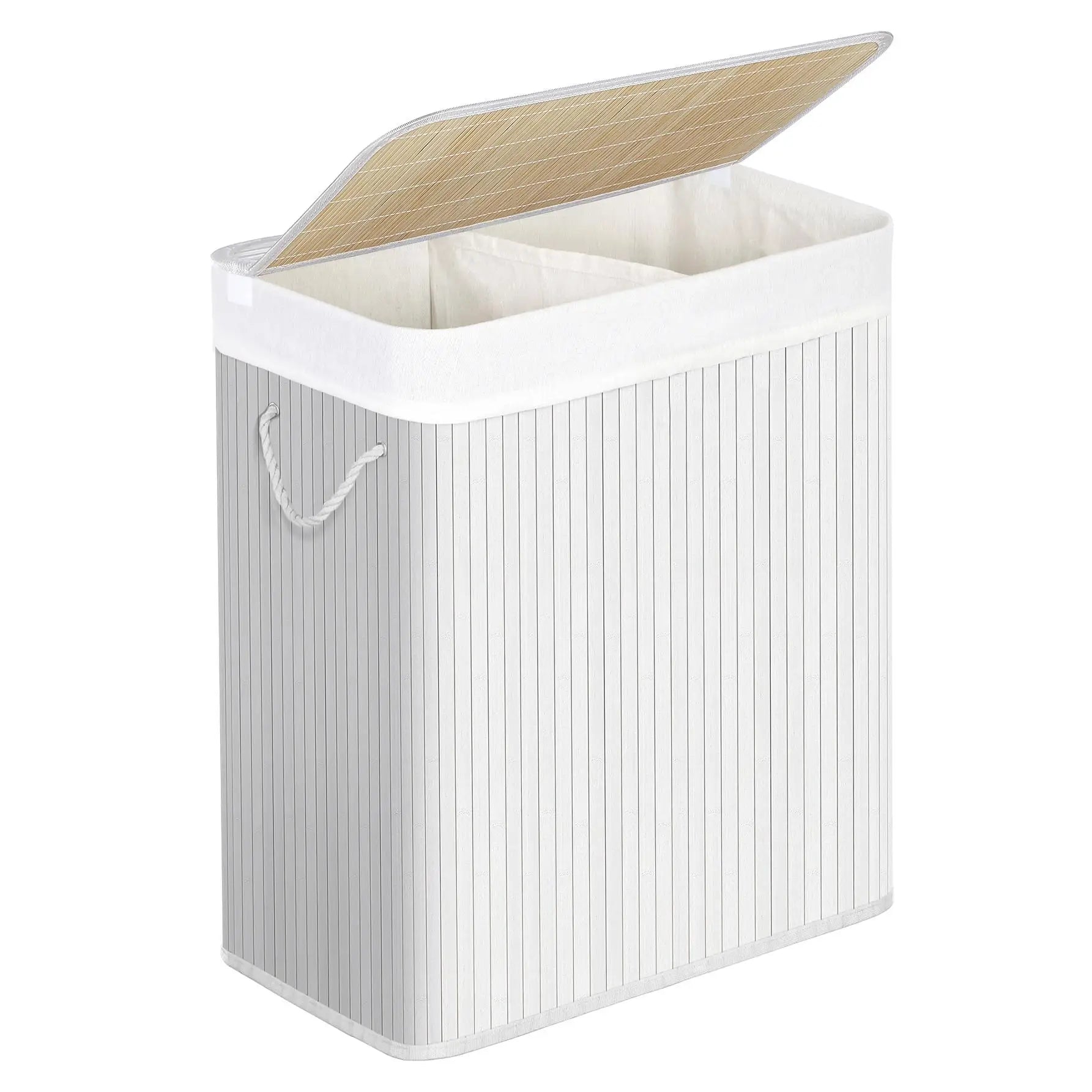 SONGMICS Cesta de lavandería con tapa, 2 compartimentos, de bambú, con bolsa extraíble lavable, bolsa extraíble, asas de algodón, 100 l, para colada, dormitorio, Blanco/Gris/Natural/Negro