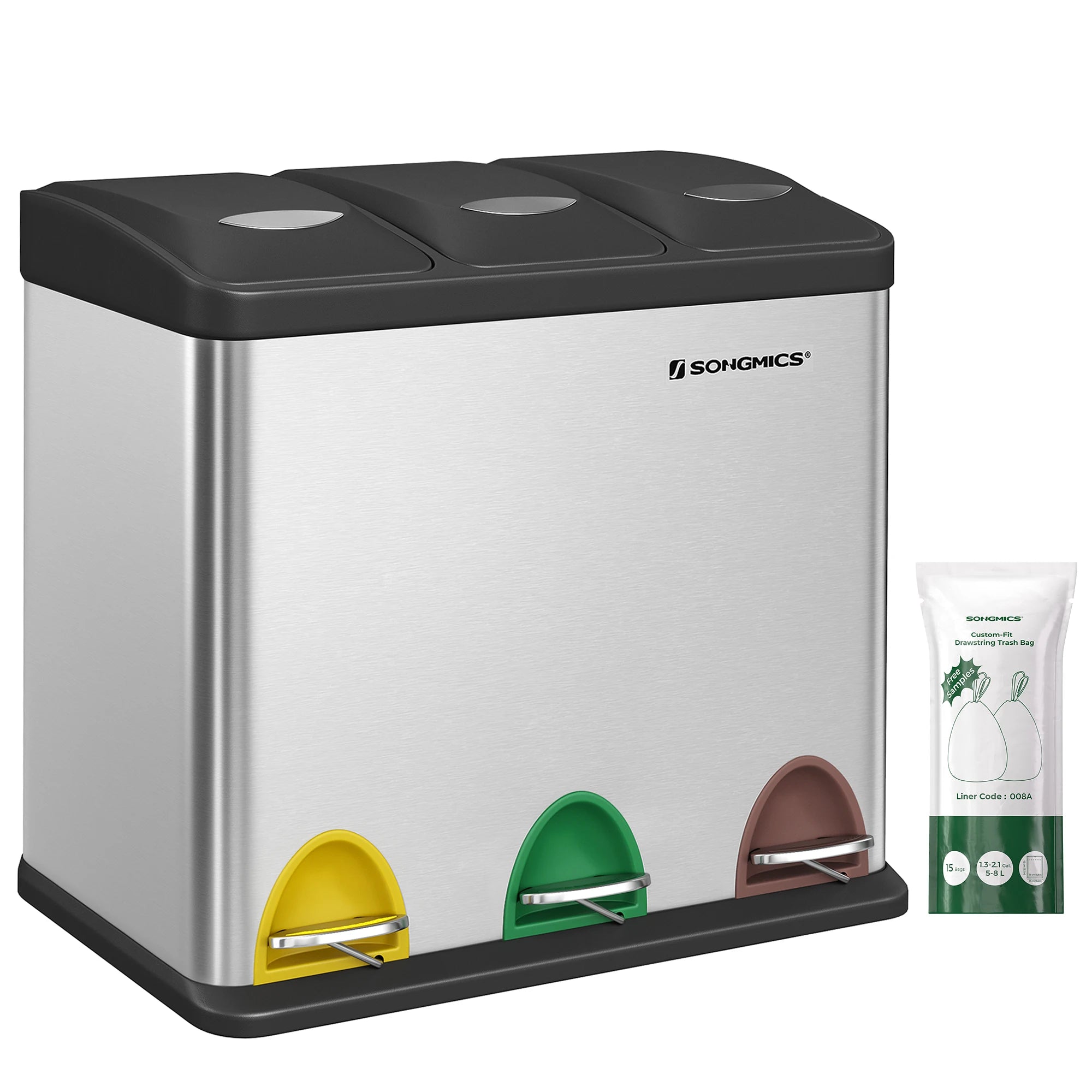 SONGMICS - Papelera de cocina, 3 x 8 L, con tapas, basura triple de acero para pequeñas familias, pedales y cuartos, fácil de limpiar, Plata y Negro/Blanco Crema y Marrón/Blanco Crema y Marrón/Negro/Blanco y Gris
