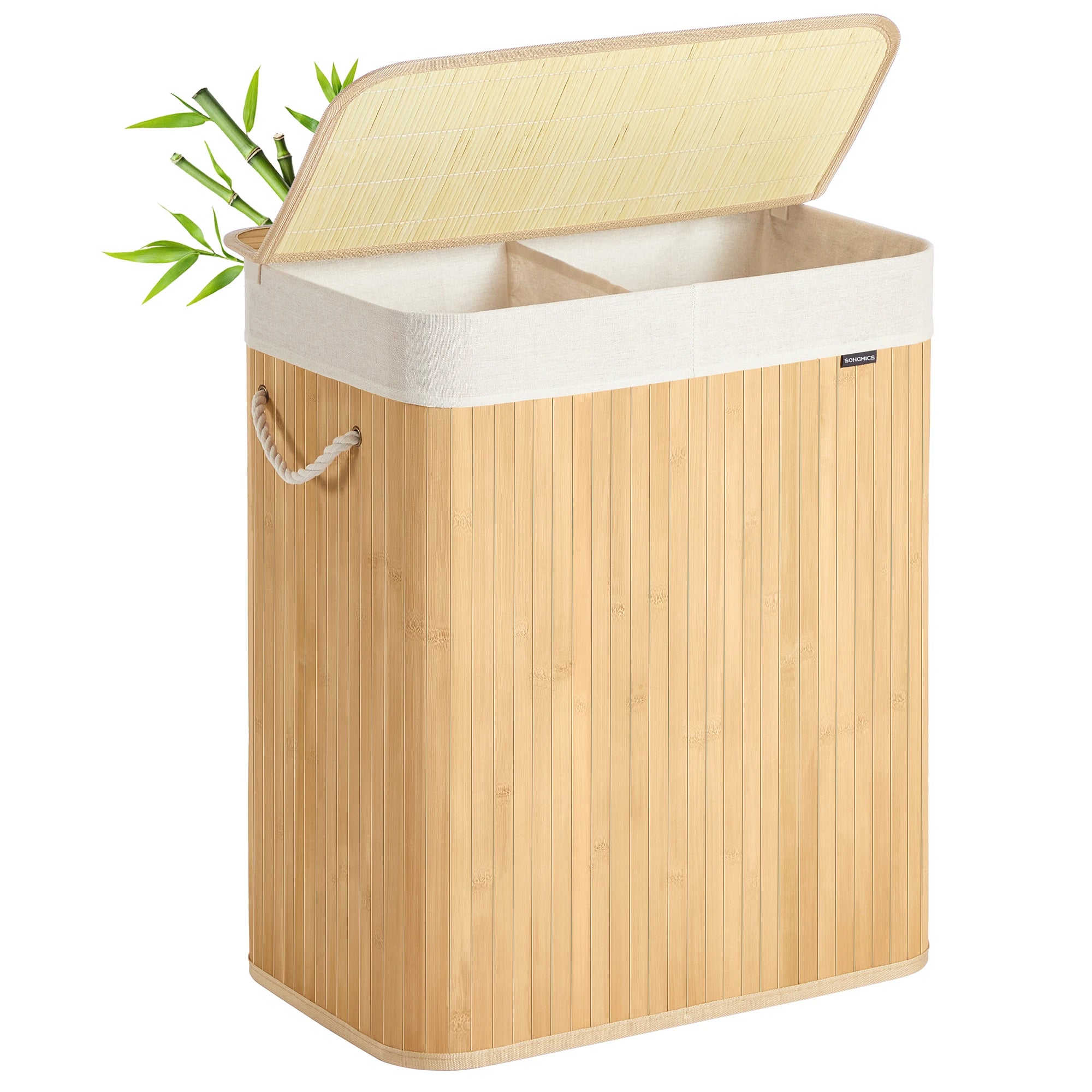 SONGMICS Cesta de lavandería con tapa, 2 compartimentos, de bambú, con bolsa extraíble lavable, bolsa extraíble, asas de algodón, 100 l, para colada, dormitorio, Blanco/Gris/Natural/Negro