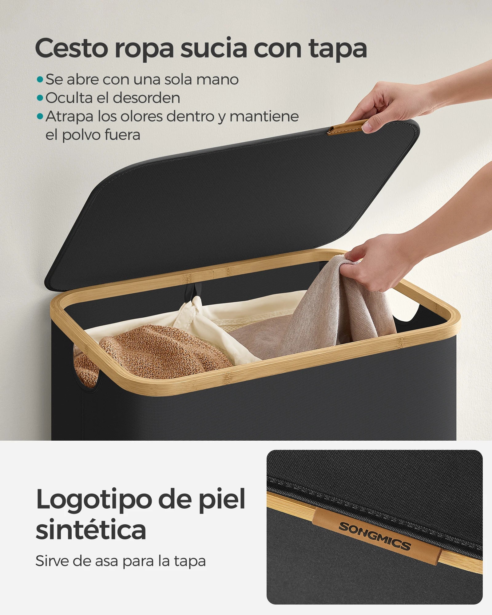 SONGMICS Cesto de Ropa Sucia con Tapa, Gran Cesta Colada de 2 Secciones, 130 L/65 L, Forro de Malla Extraíble, Tejido Oxford, Asas Bambú, Plegable, 52 x 38,5 x 70,5 cm/42 x 22,5 x 70,5 cm, Negro Tinta/Gris Paloma/Blanco Cre