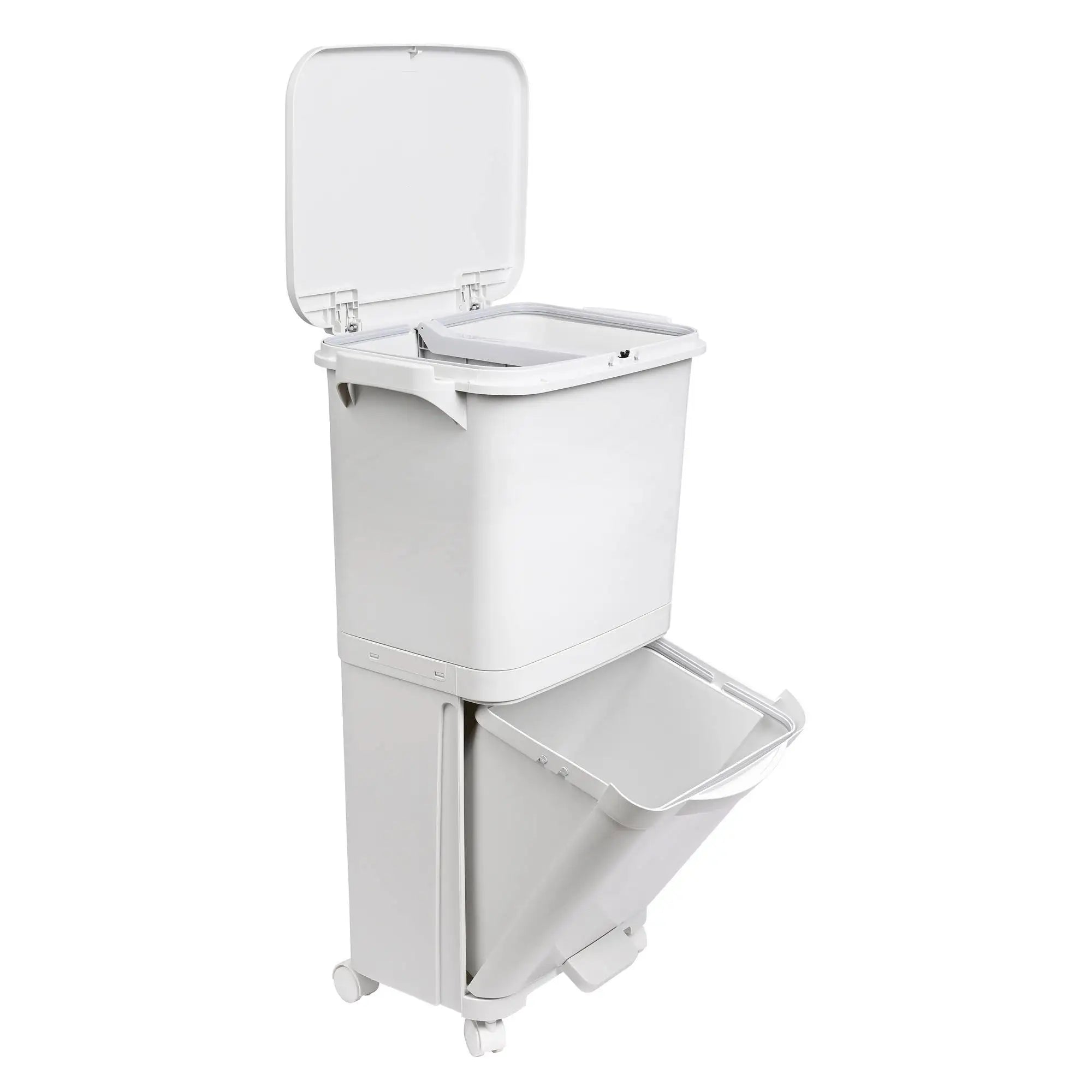 Papelera de reciclaje de clasificación selectiva con pedal, ruedas y asa de doble compartimentos de 38L (24L + 14L) o 42L (24L + 4L + 14L)
