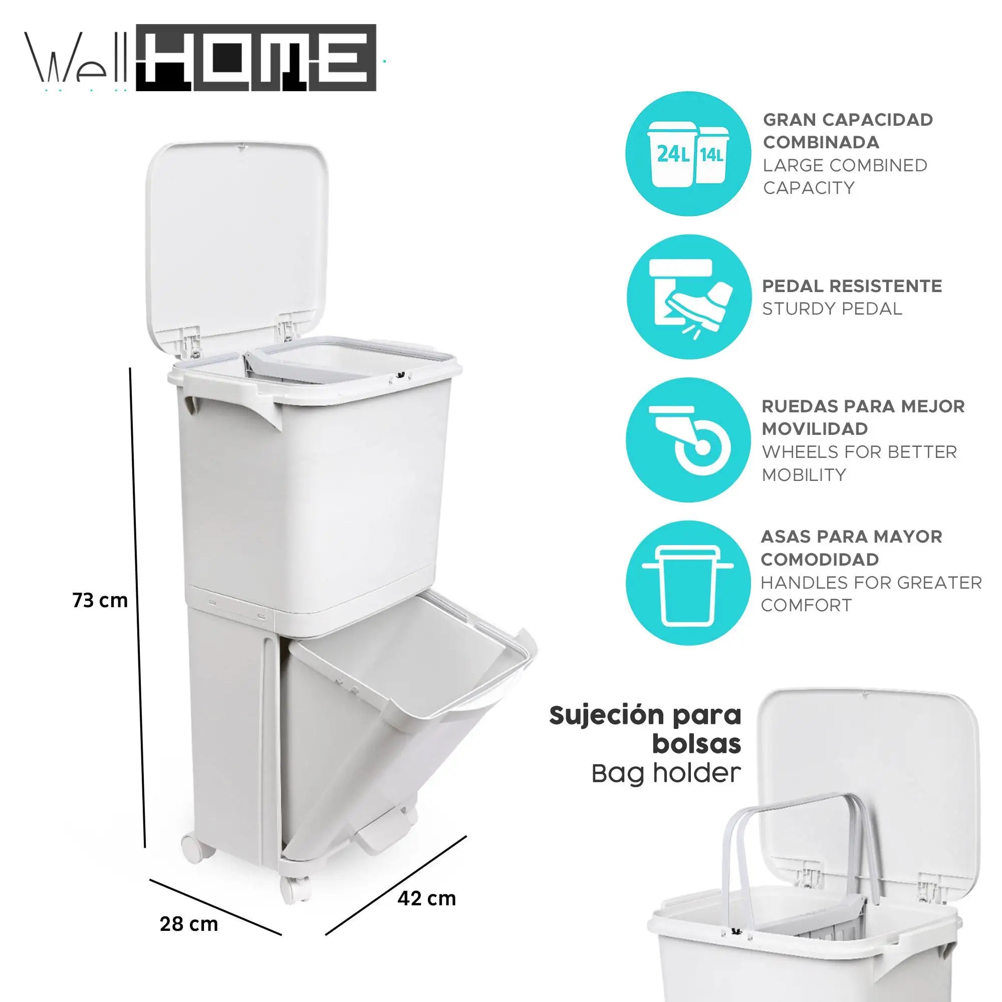 Papelera de reciclaje de clasificación selectiva con pedal, ruedas y asa de doble compartimentos de 38L (24L + 14L) o 42L (24L + 4L + 14L)