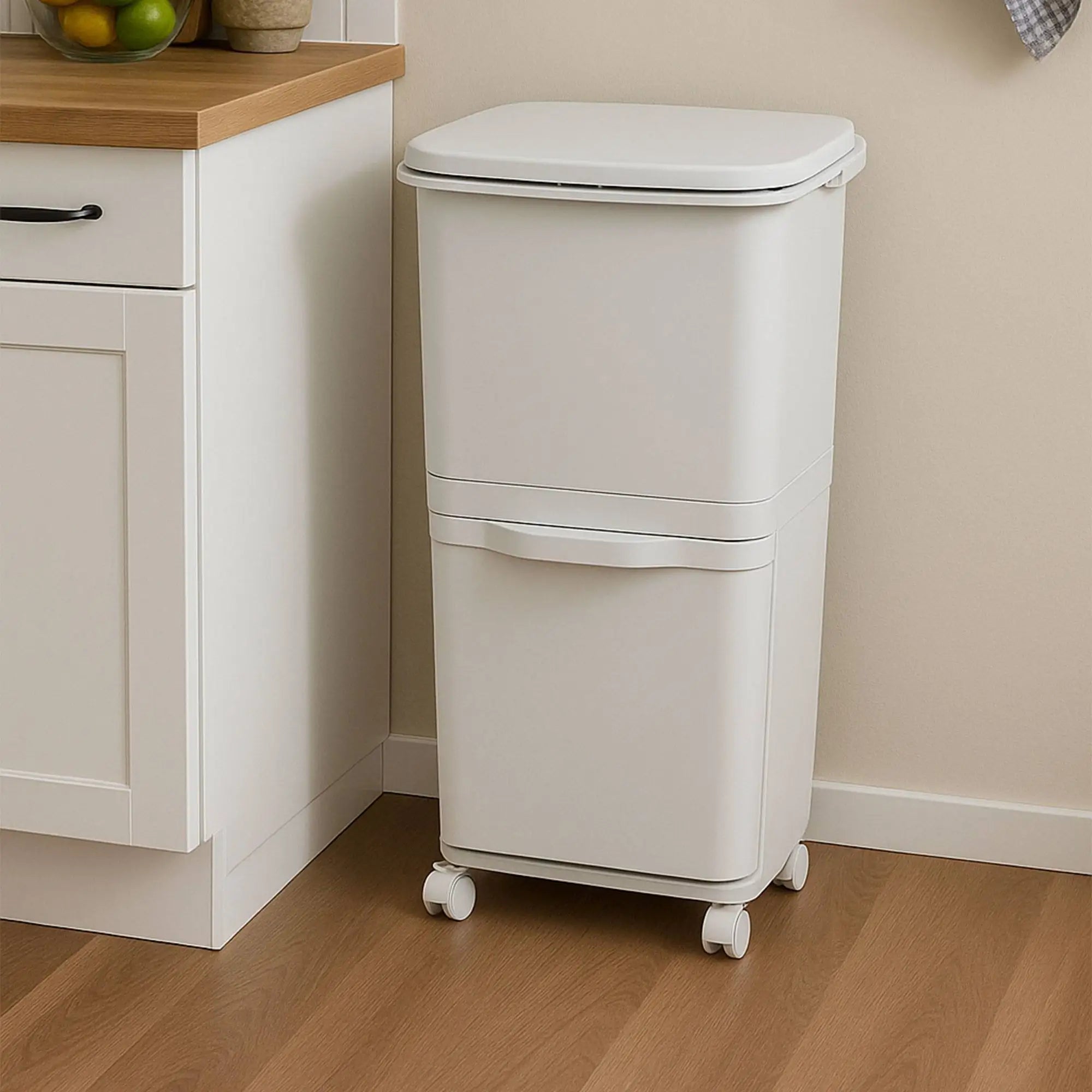 Papelera de reciclaje de clasificación selectiva con pedal, ruedas y asa de doble compartimentos de 38L (24L + 14L) o 42L (24L + 4L + 14L)