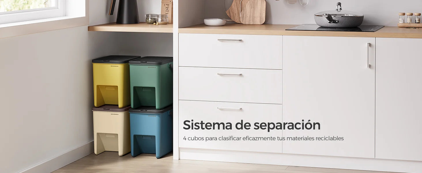 SONGMICS Cubo de Basura, Juego de 4 Cubos Apilables, 20 L Cada, Sistema de Separación Residuos, Tapas Apertura a Presión, con Pegatinas, Cubo de Almacenaje, Amarillo, Azul, Beige y Verde
