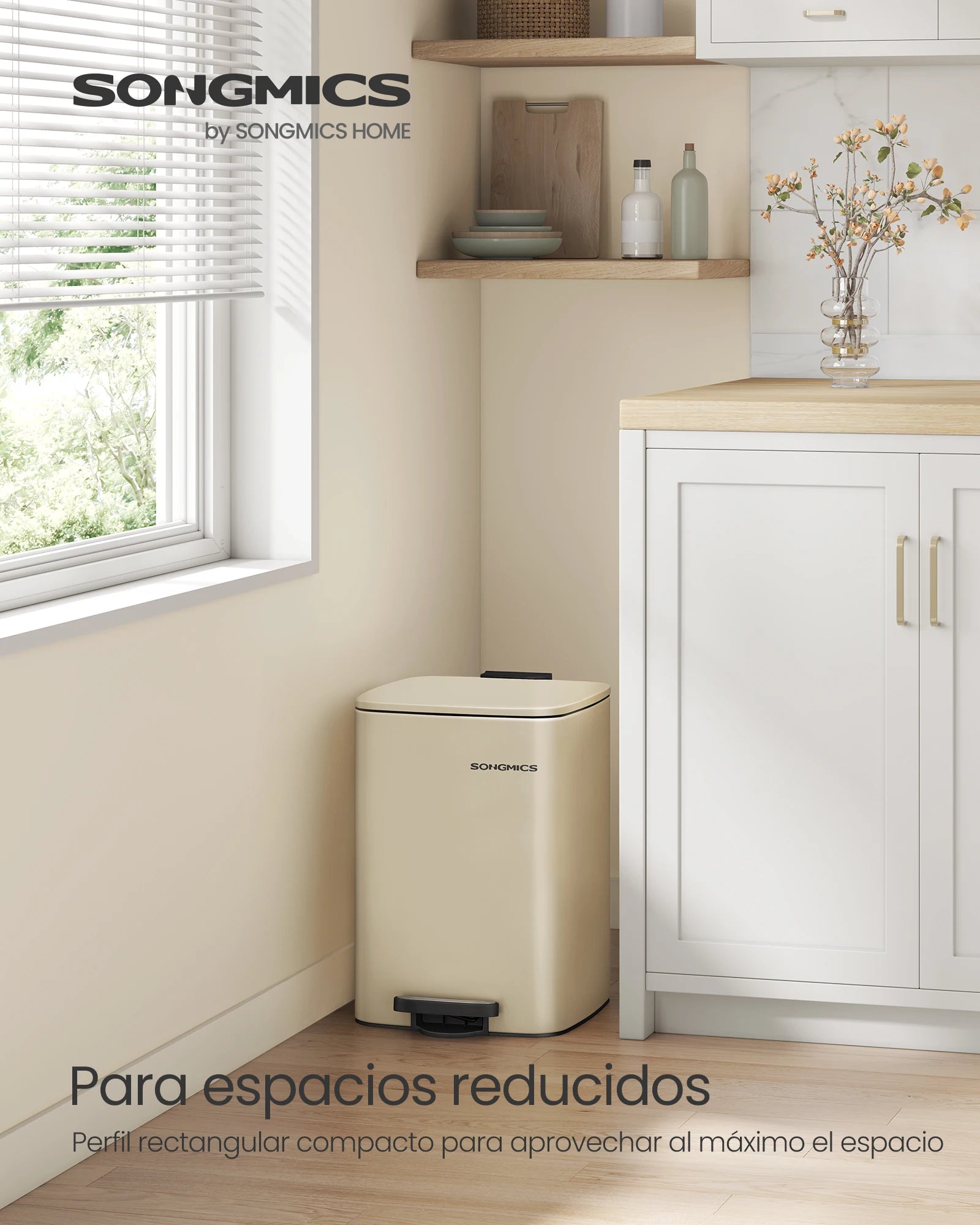 SONGMICS Cubo de Basura, Cubo de Basura de 20/30 L, Cubo de Basura de Cocina de Acero Inoxidable, con Cubo Interior, Cierre Suave y Permanece Abierto, Beige Arena/Negro Tinta/Plata Metálico/Azul Medianoche/Blanco Nube