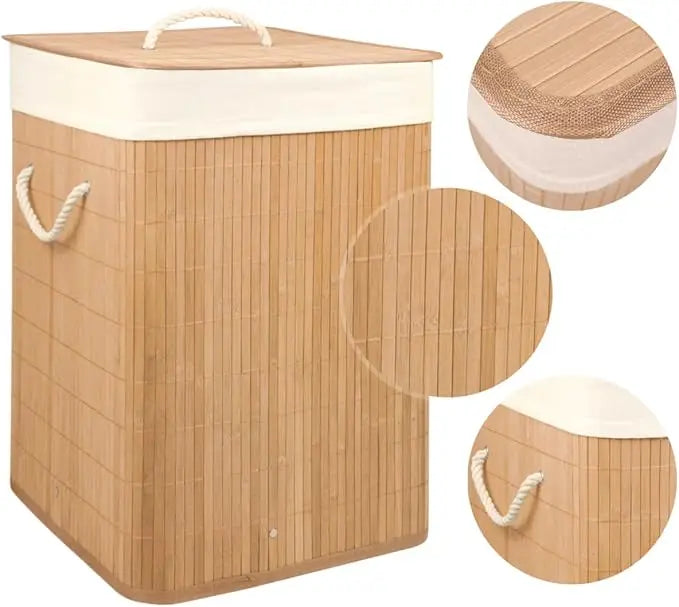 Cesto de Bambú con Tapa para la Ropa Sucia Compartimento Cubo Colada Lavanderia Plegable con Asa de Cuerda Cesta de Almacenamiento Organizador Cubierta Bolsa Extraíble Laundry Basket