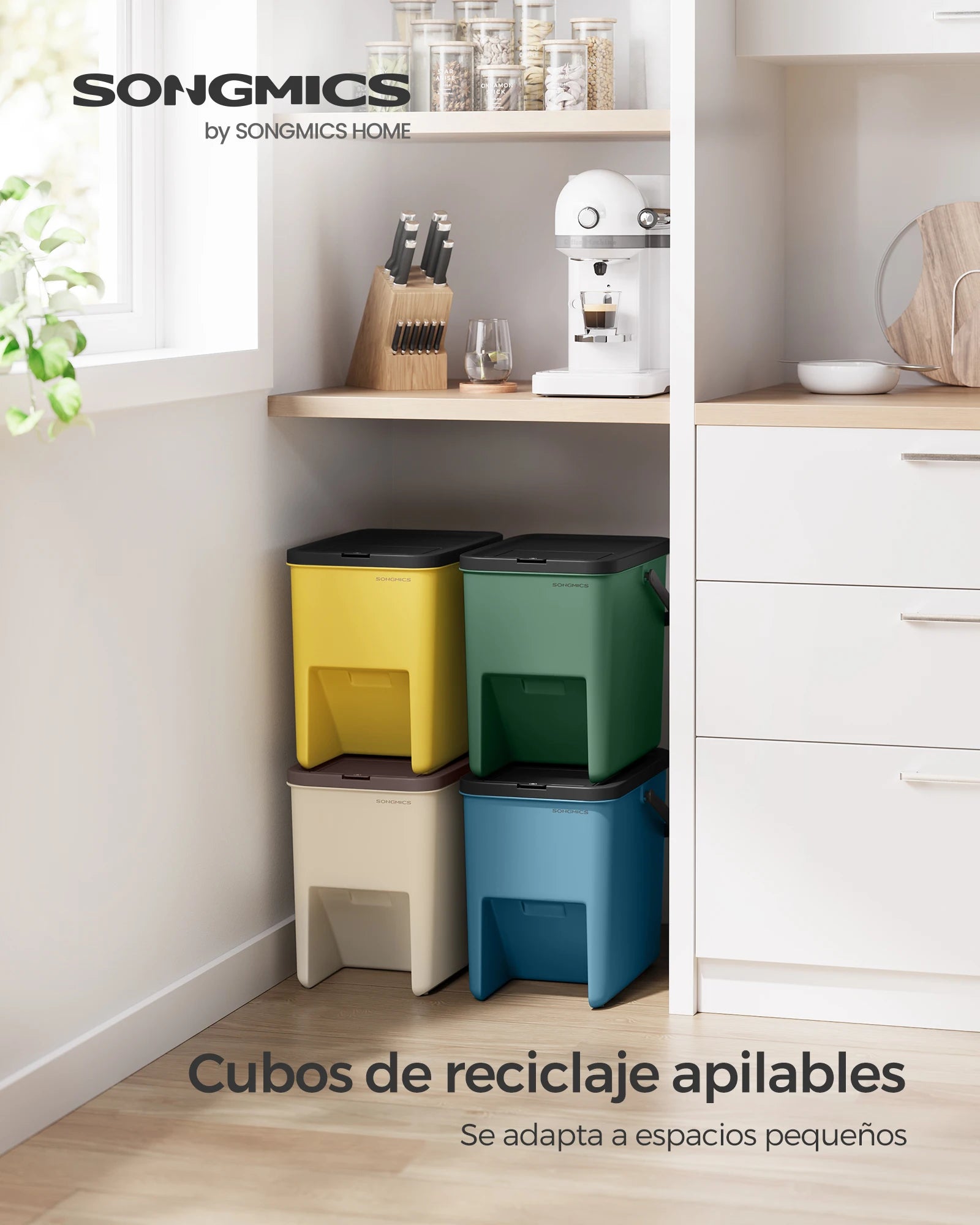 SONGMICS Cubo de Basura, Juego de 4 Cubos Apilables, 20 L Cada, Sistema de Separación Residuos, Tapas Apertura a Presión, con Pegatinas, Cubo de Almacenaje, Amarillo, Azul, Beige y Verde