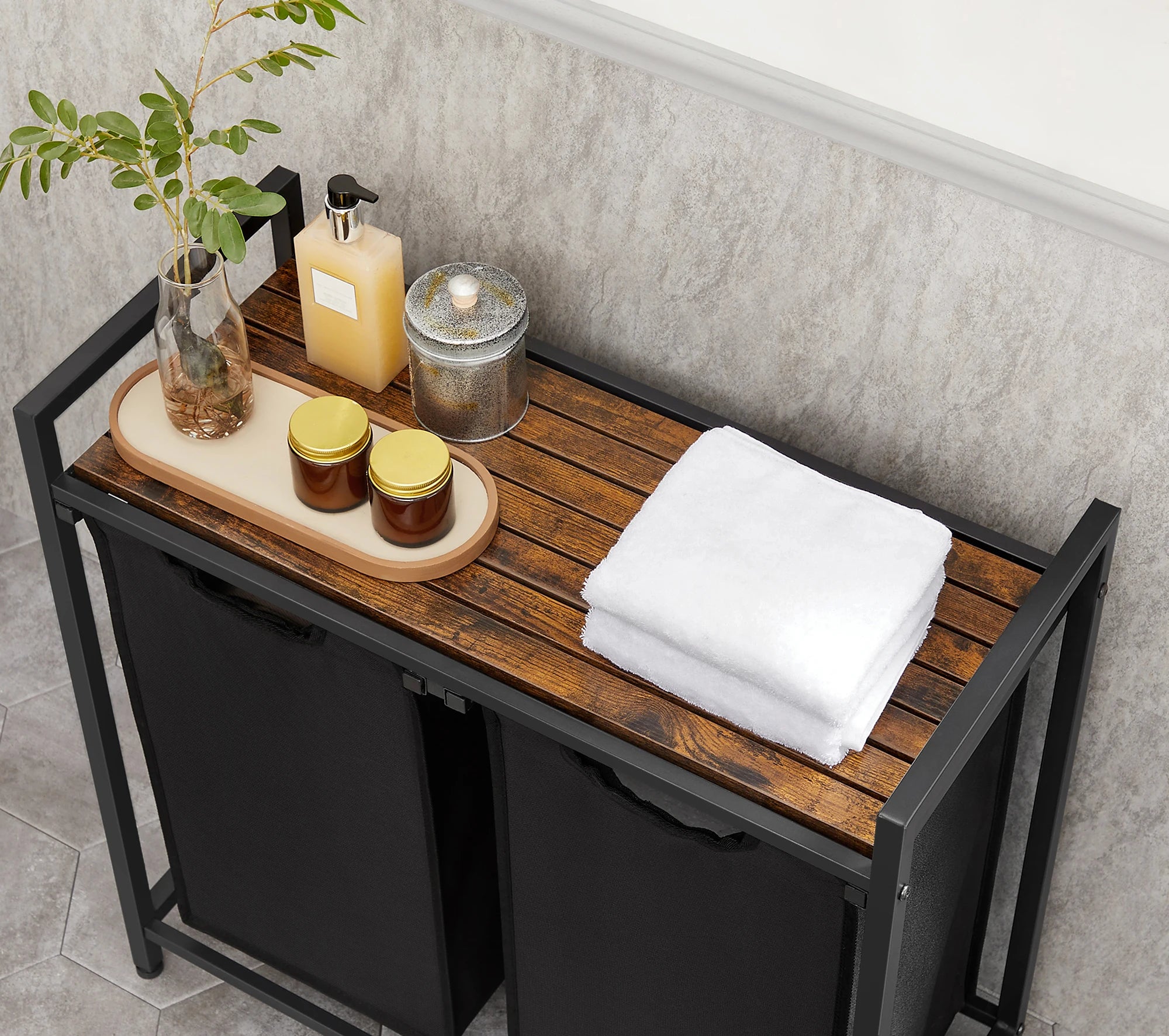 VASAGLE Cesta para la ropa sucia, 2 compartimentos, con 2 bolsas de tela Oxford extraíbles, marco de metal, 2 x 46 litros, 73 x 33 x 72 cm, Marrón Rústico y Negro/Blanco y Gris Claro/Marrón Rústico y Gris/Negro Tinta Gri