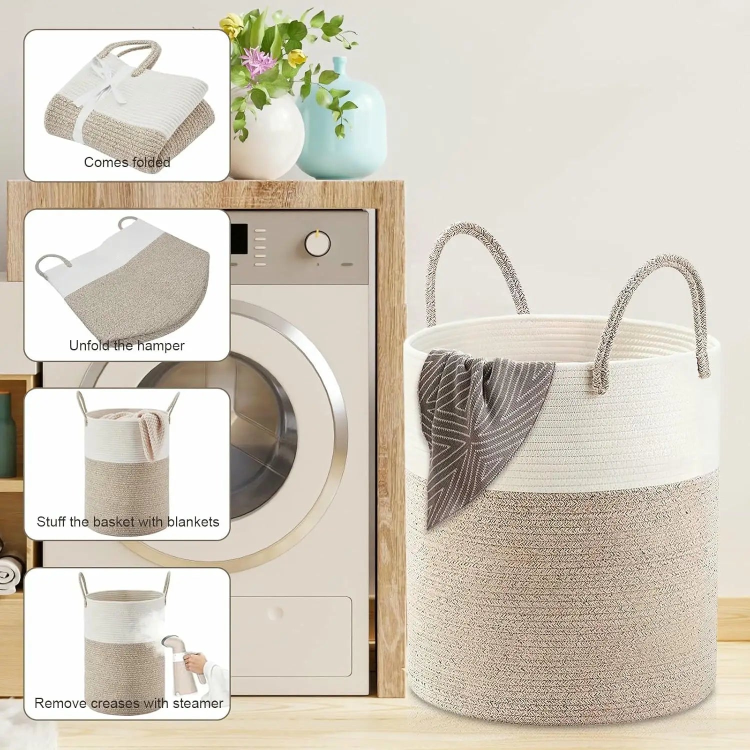 Cesta de Ropa Sucia de Cuerda de Algodón 58L | Cesto de Lavandería Plegable con Asas Reforzadas | Canasta Organizadora para Mantas, Juguetes y Dormitorio (38 × 50 cm)