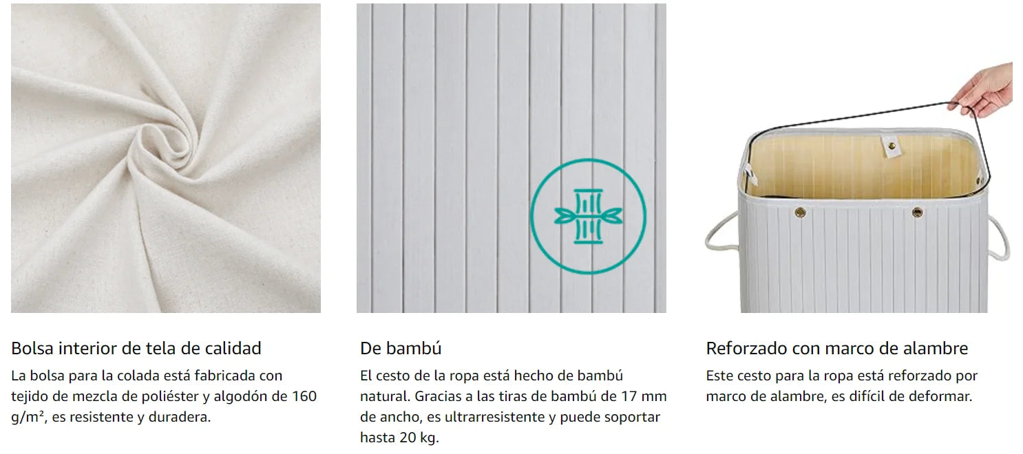 SONGMICS Cesto de la Ropa Sucia con Tapa, 72 L, Cesto de Lavandería de Bambú, Plegable, con Bolsa Lavable Extraíble, Asas, para Lavandería, Dormitorio, Gris/Natural/Negro/Blanco