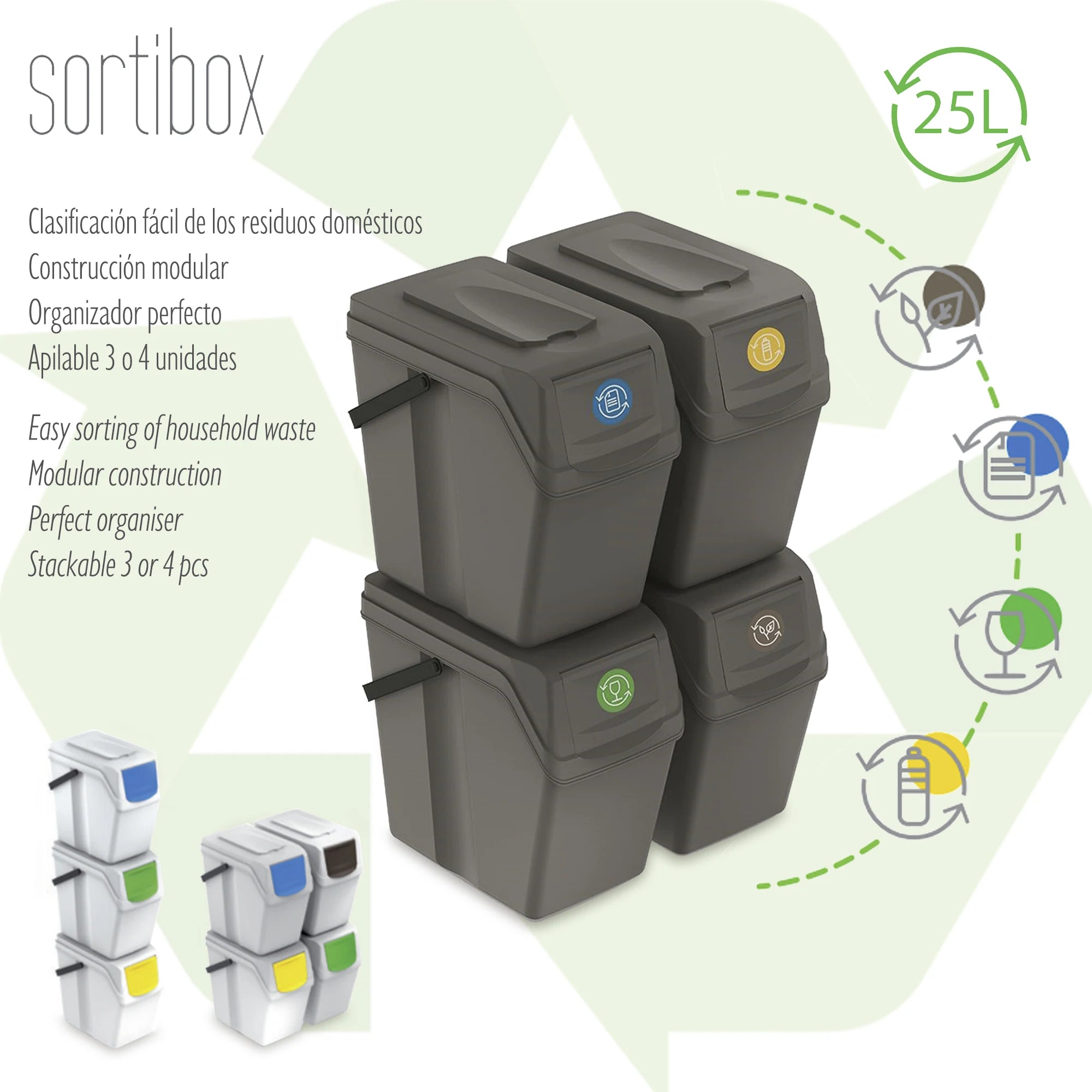 Juego de 4 cubos de reciclaje 100L PROSPERPLAST Sortibox de plastico en color gris
