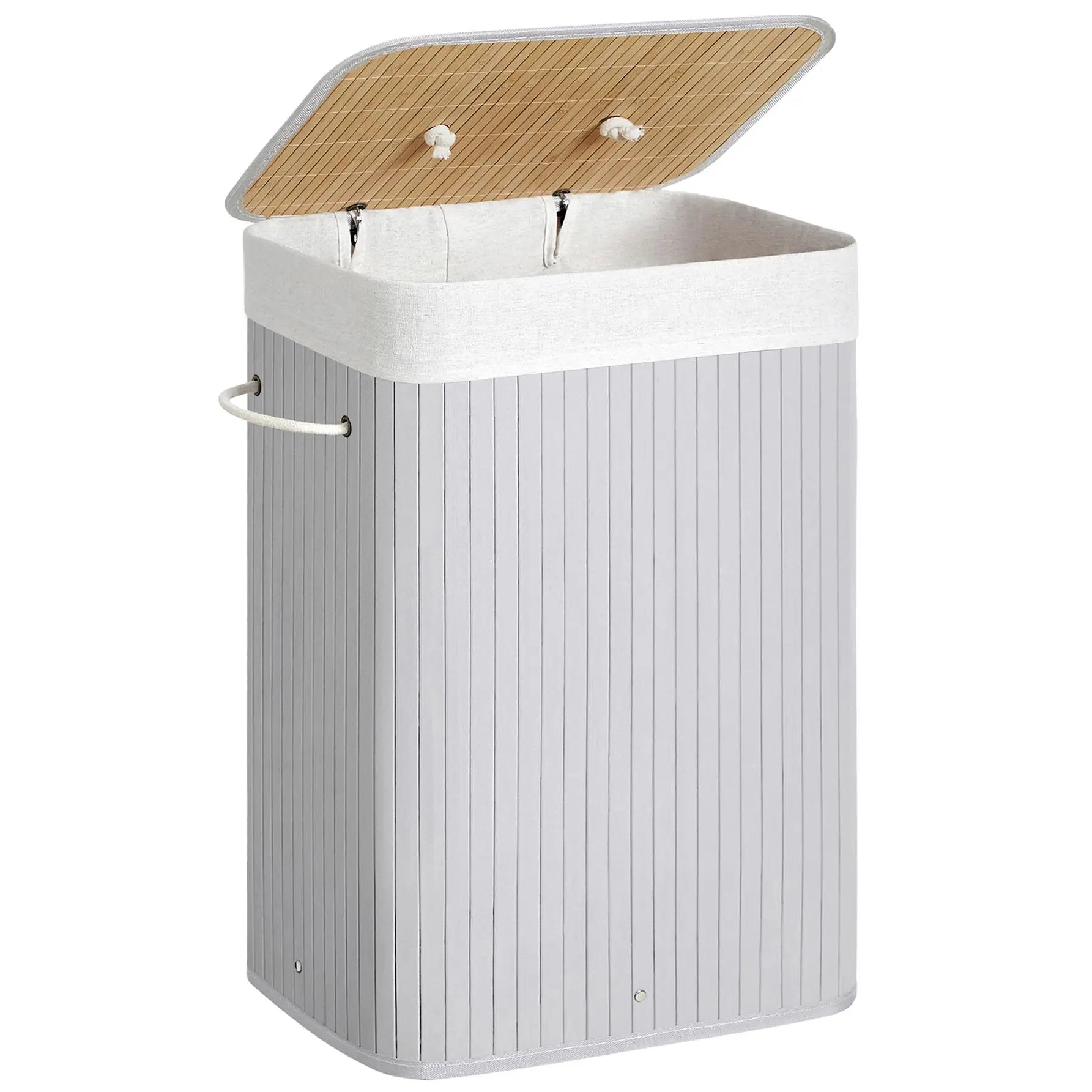SONGMICS Cesto de la Ropa Sucia con Tapa, 72 L, Cesto de Lavandería de Bambú, Plegable, con Bolsa Lavable Extraíble, Asas, para Lavandería, Dormitorio, Gris/Natural/Negro/Blanco