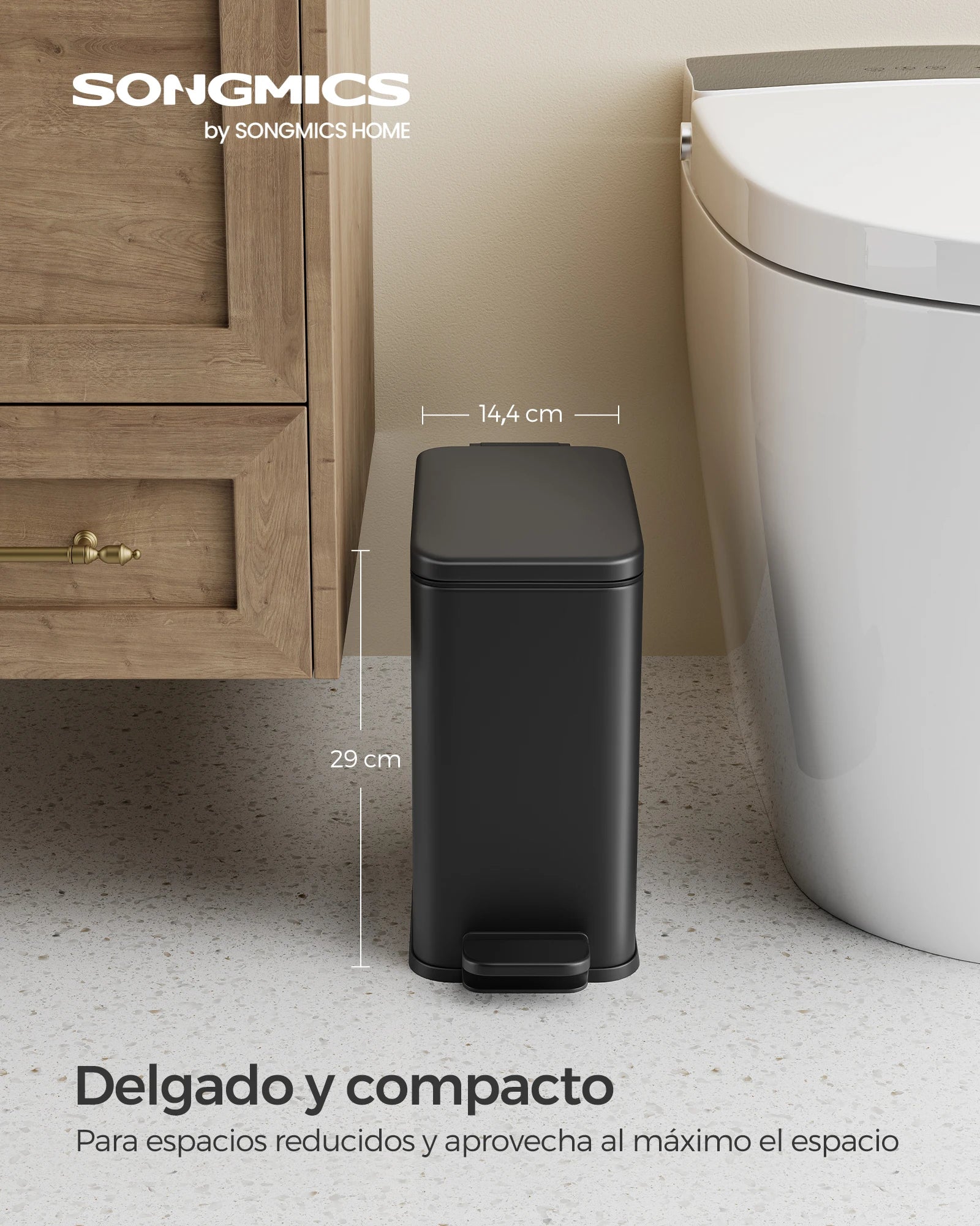 SONGMICS Cubo de Baño, Cubo Basura Pequeño de 5 L con Tapa, Cubo de Inodoro con Pedal, Delgada para Espacios Pequeños, Acero, Cierre Suave, Negro/Blanco/Plata