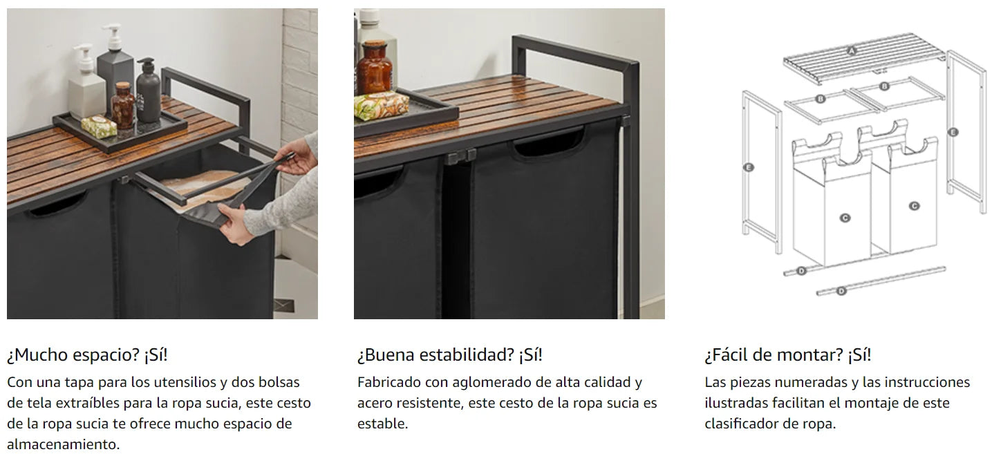 VASAGLE Cesta para la ropa sucia, 2 compartimentos, con 2 bolsas de tela Oxford extraíbles, marco de metal, 2 x 46 litros, 73 x 33 x 72 cm, Marrón Rústico y Negro/Blanco y Gris Claro/Marrón Rústico y Gris/Negro Tinta Gri