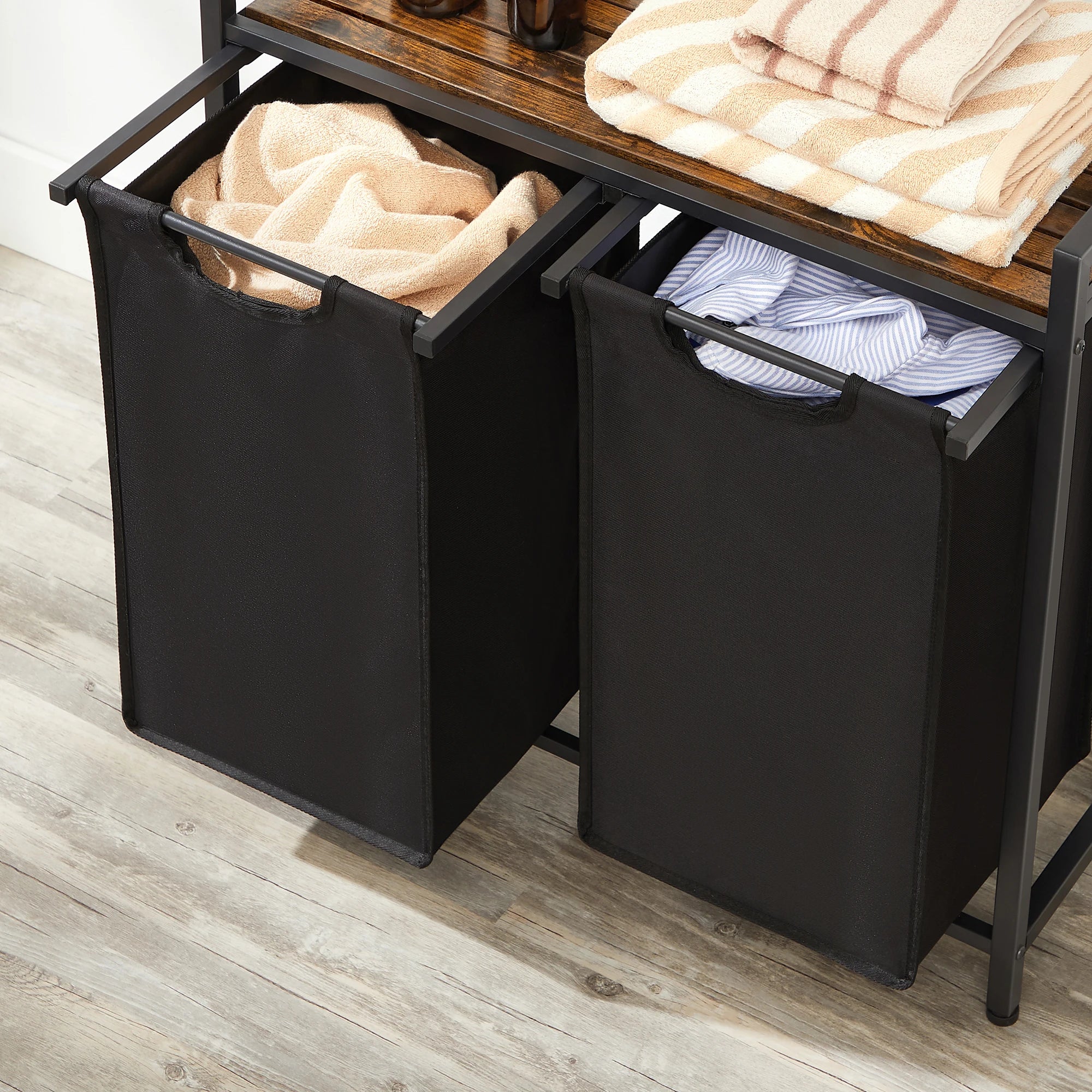 VASAGLE Cesta para la ropa sucia, 2 compartimentos, con 2 bolsas de tela Oxford extraíbles, marco de metal, 2 x 46 litros, 73 x 33 x 72 cm, Marrón Rústico y Negro/Blanco y Gris Claro/Marrón Rústico y Gris/Negro Tinta Gri