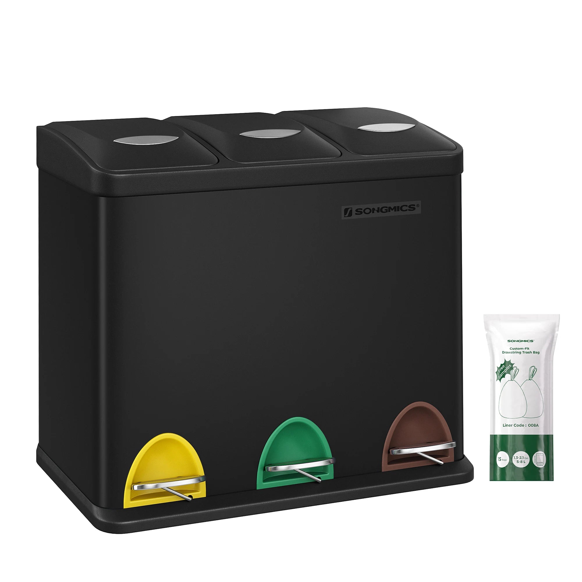 SONGMICS - Papelera de cocina, 3 x 8 L, con tapas, basura triple de acero para pequeñas familias, pedales y cuartos, fácil de limpiar, Plata y Negro/Blanco Crema y Marrón/Blanco Crema y Marrón/Negro/Blanco y Gris