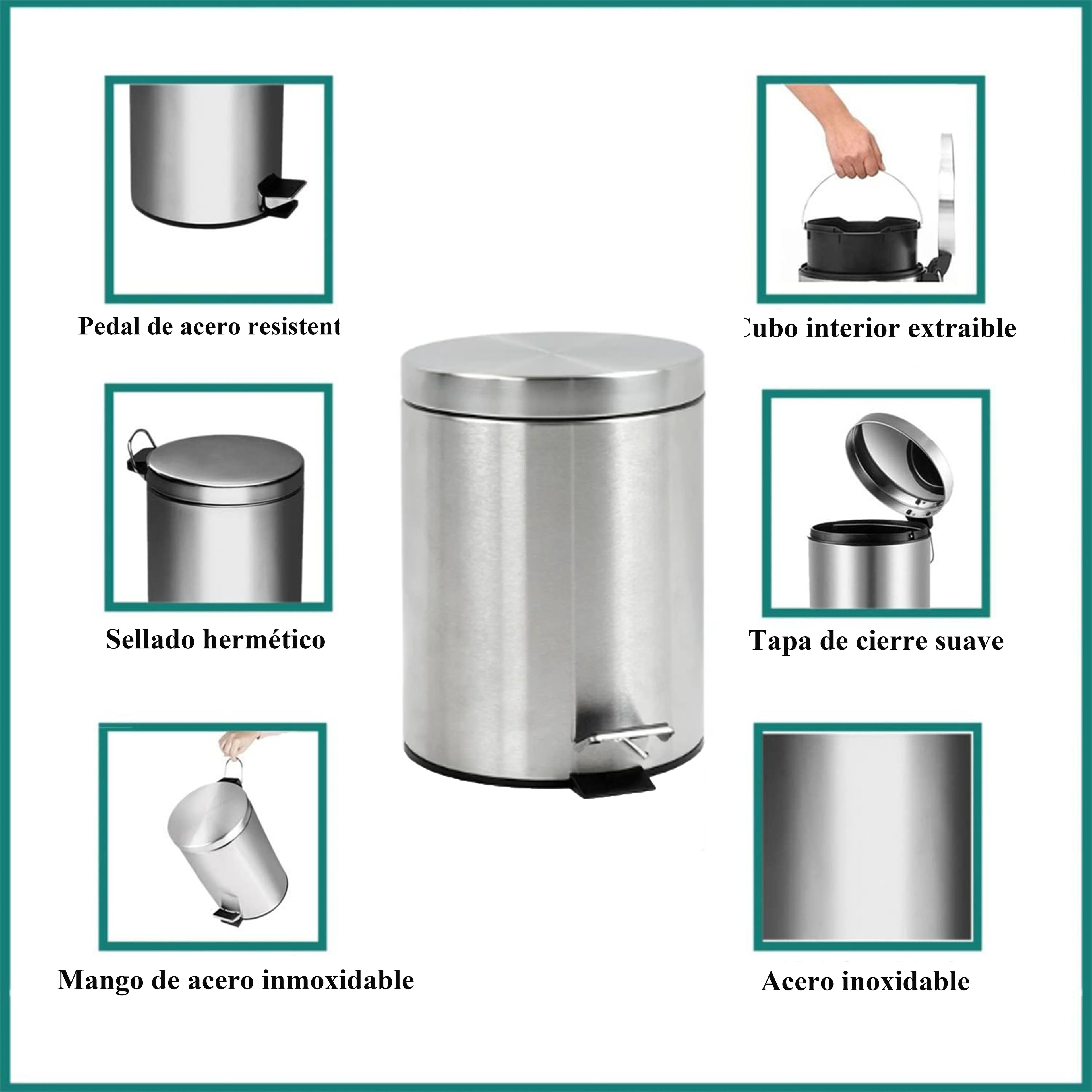 Papelera baño metal plateada, cubo de basura de 3L, 5L, 7L y 12L con pedal de acero inoxidable, papelera moderna de metal para baño con cubo interior de plástico.