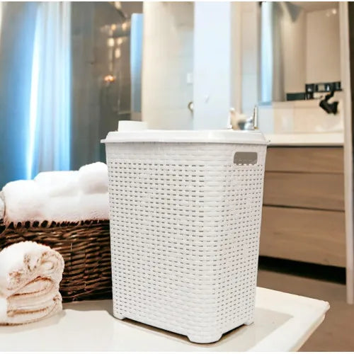 Cesta de la ropa Pongo todo Cesto Mimbre plástico para la Colada efecto Rattan (Blanco) COSHANO