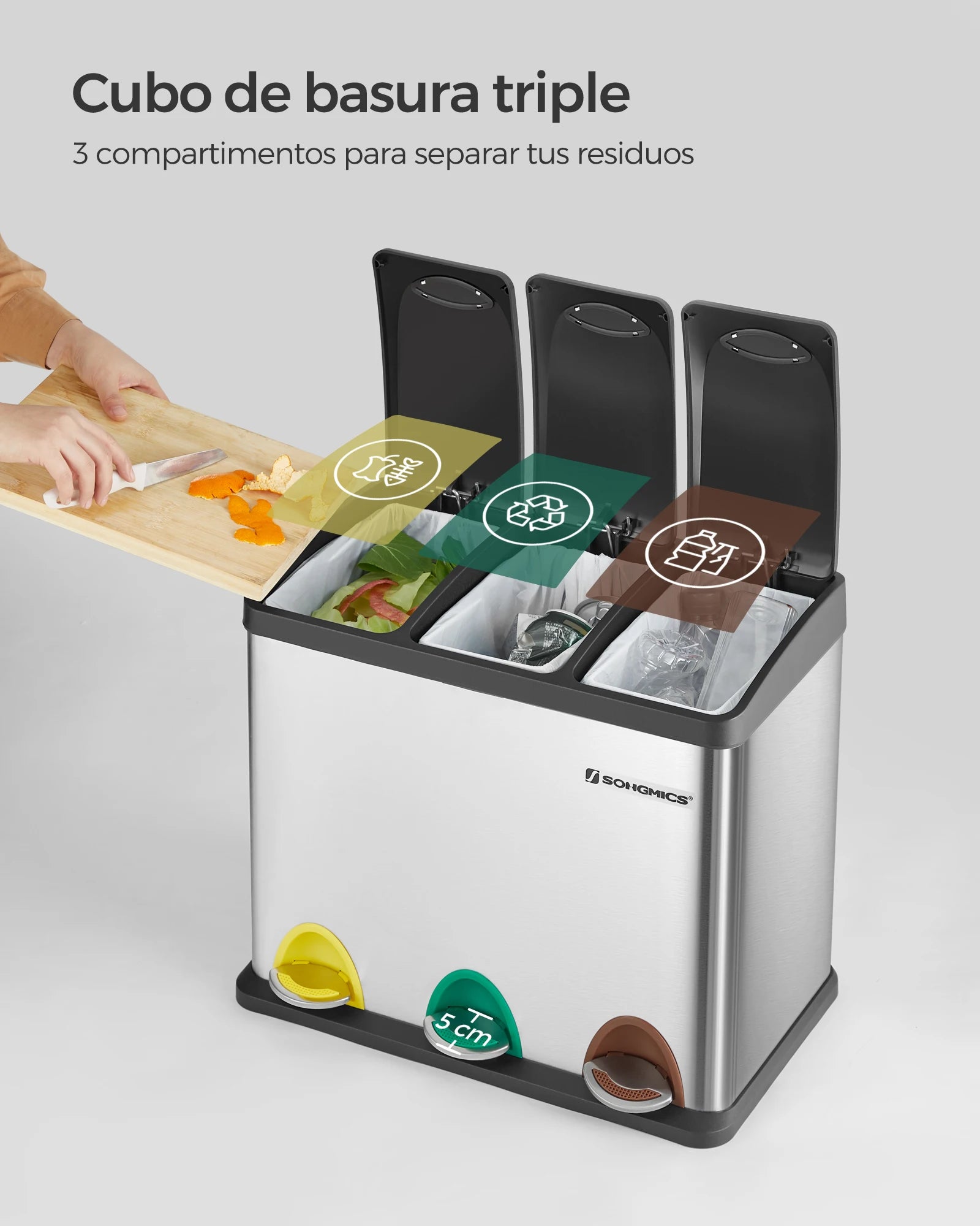 SONGMICS - Papelera de cocina, 3 x 8 L, con tapas, basura triple de acero para pequeñas familias, pedales y cuartos, fácil de limpiar, Plata y Negro/Blanco Crema y Marrón/Blanco Crema y Marrón/Negro/Blanco y Gris