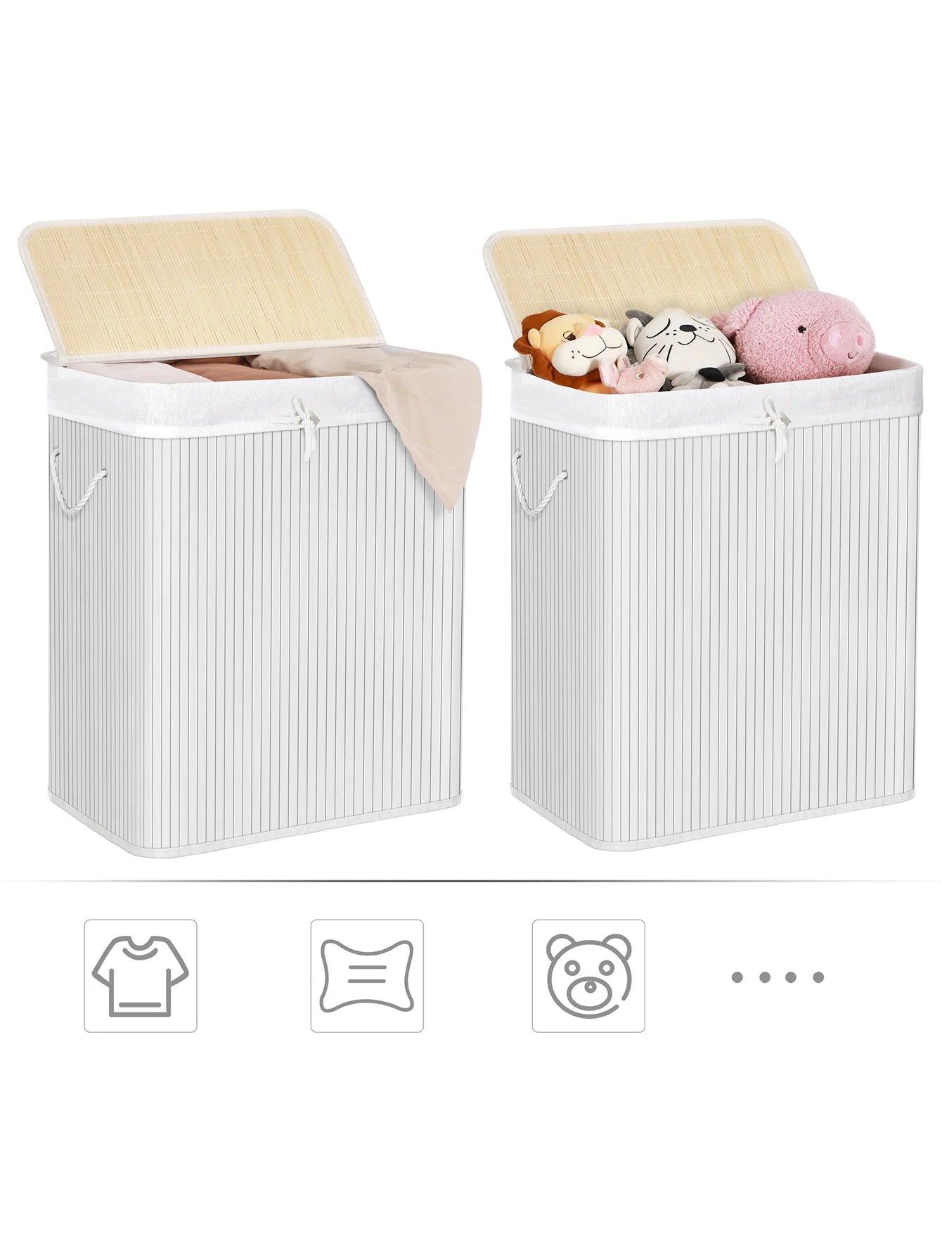 SONGMICS Cesta de lavandería con tapa, 2 compartimentos, de bambú, con bolsa extraíble lavable, bolsa extraíble, asas de algodón, 100 l, para colada, dormitorio, Blanco/Gris/Natural/Negro