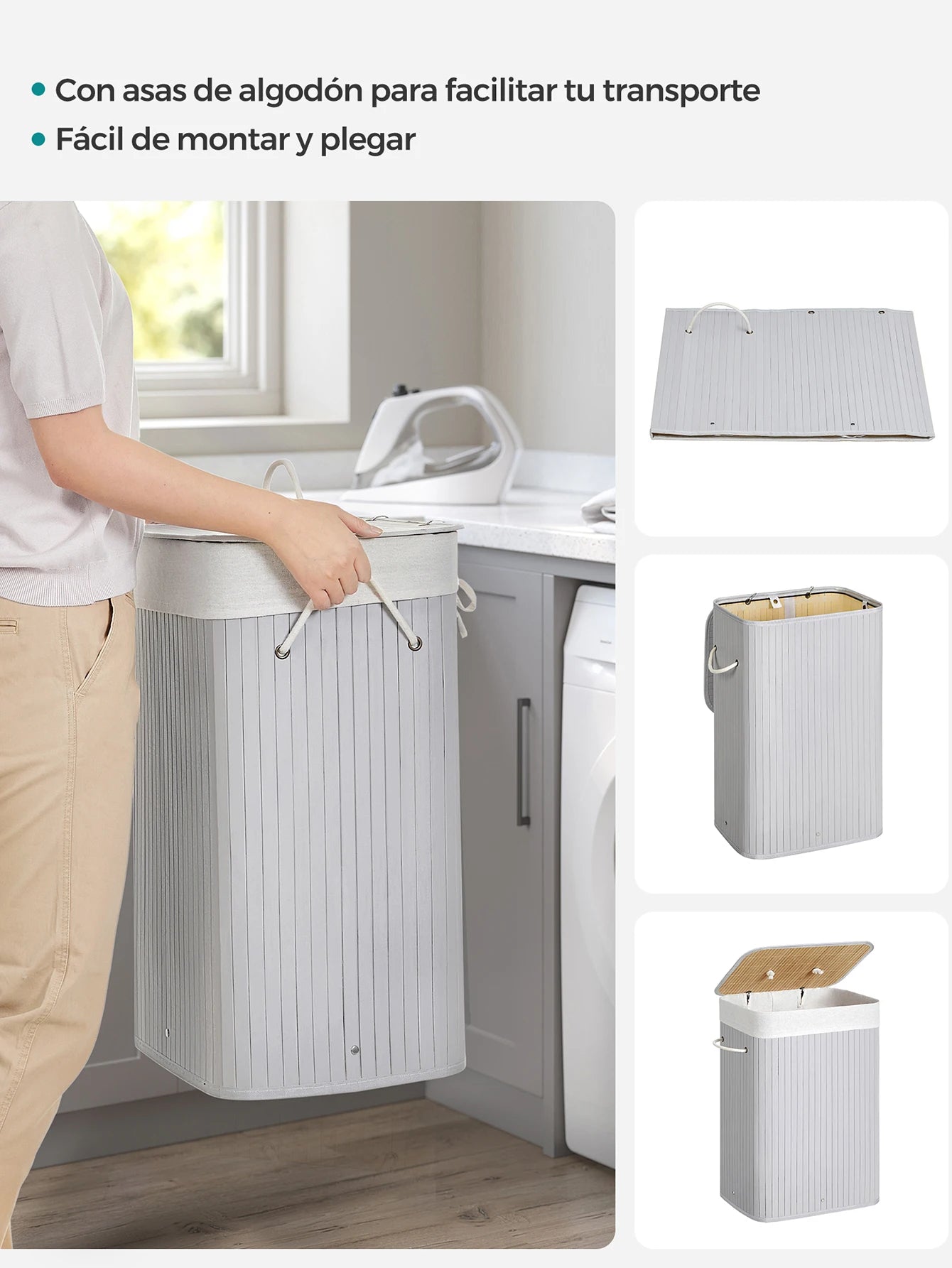 SONGMICS Cesto de la Ropa Sucia con Tapa, 72 L, Cesto de Lavandería de Bambú, Plegable, con Bolsa Lavable Extraíble, Asas, para Lavandería, Dormitorio, Gris/Natural/Negro/Blanco