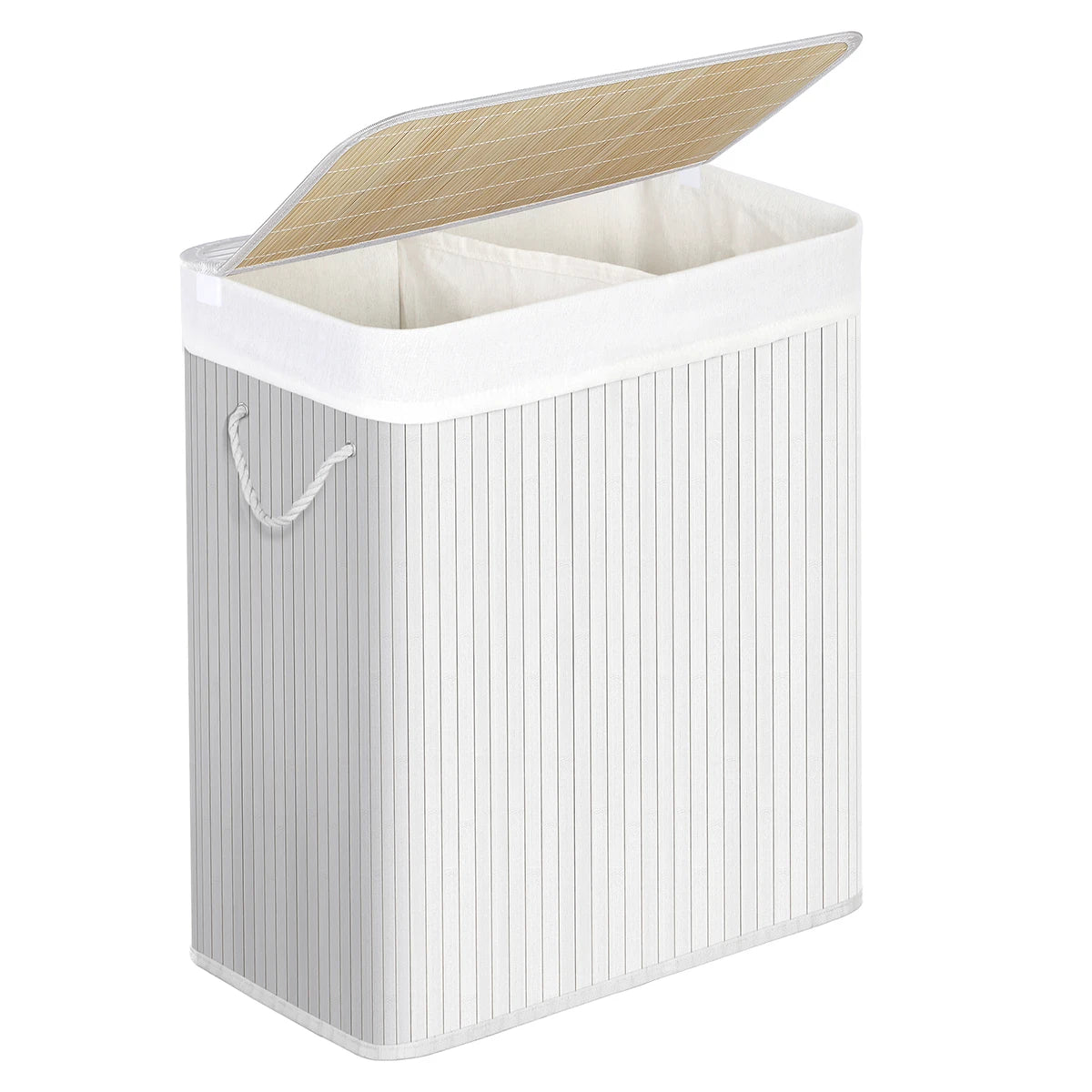 SONGMICS Cesta de lavandería con tapa, 2 compartimentos, de bambú, con bolsa extraíble lavable, bolsa extraíble, asas de algodón, 100 l, para colada, dormitorio, Blanco/Gris/Natural/Negro