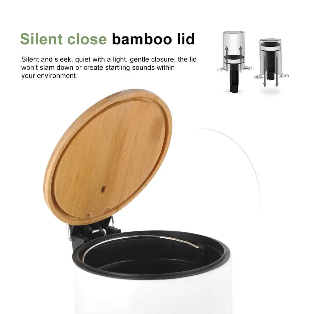 Cubo de basura Metal Con Tapa Bambú Caída Amortiguada 3 L, Papelera con pedal pequeño para Baño - Tendance