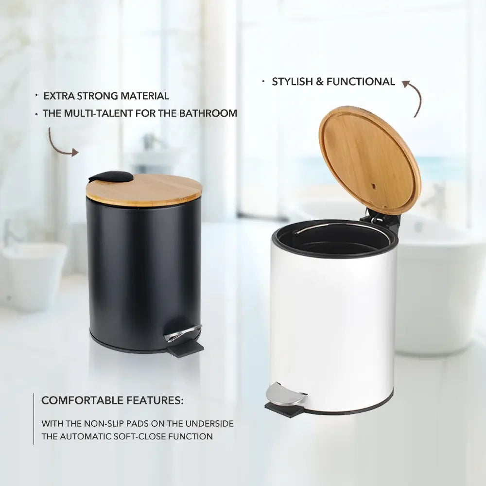 Cubo de basura Metal Con Tapa Bambú Caída Amortiguada 3 L, Papelera con pedal pequeño para Baño - Tendance