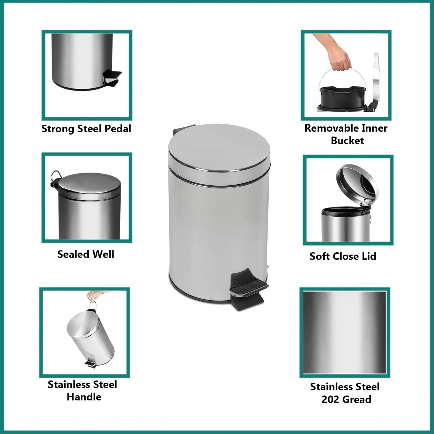 GREATOYAR Papelera Metal, Cubo de Basura con Pedal, Cubo de Basura de Acero Inocidable, Cubo de Basura con Reposapiés Antideslizante para Cocina, Baño, Oficina, 3 / 5 Litro