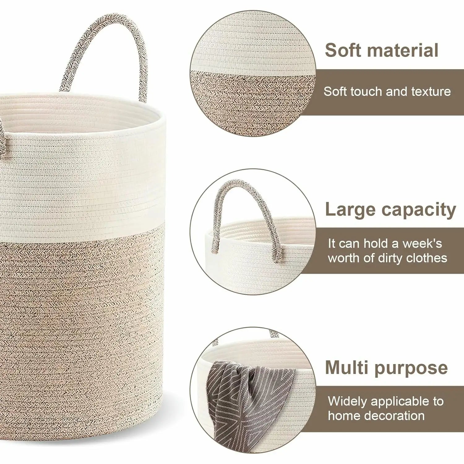 Cesta de Ropa Sucia de Cuerda de Algodón 58L | Cesto de Lavandería Plegable con Asas Reforzadas | Canasta Organizadora para Mantas, Juguetes y Dormitorio (38 × 50 cm)