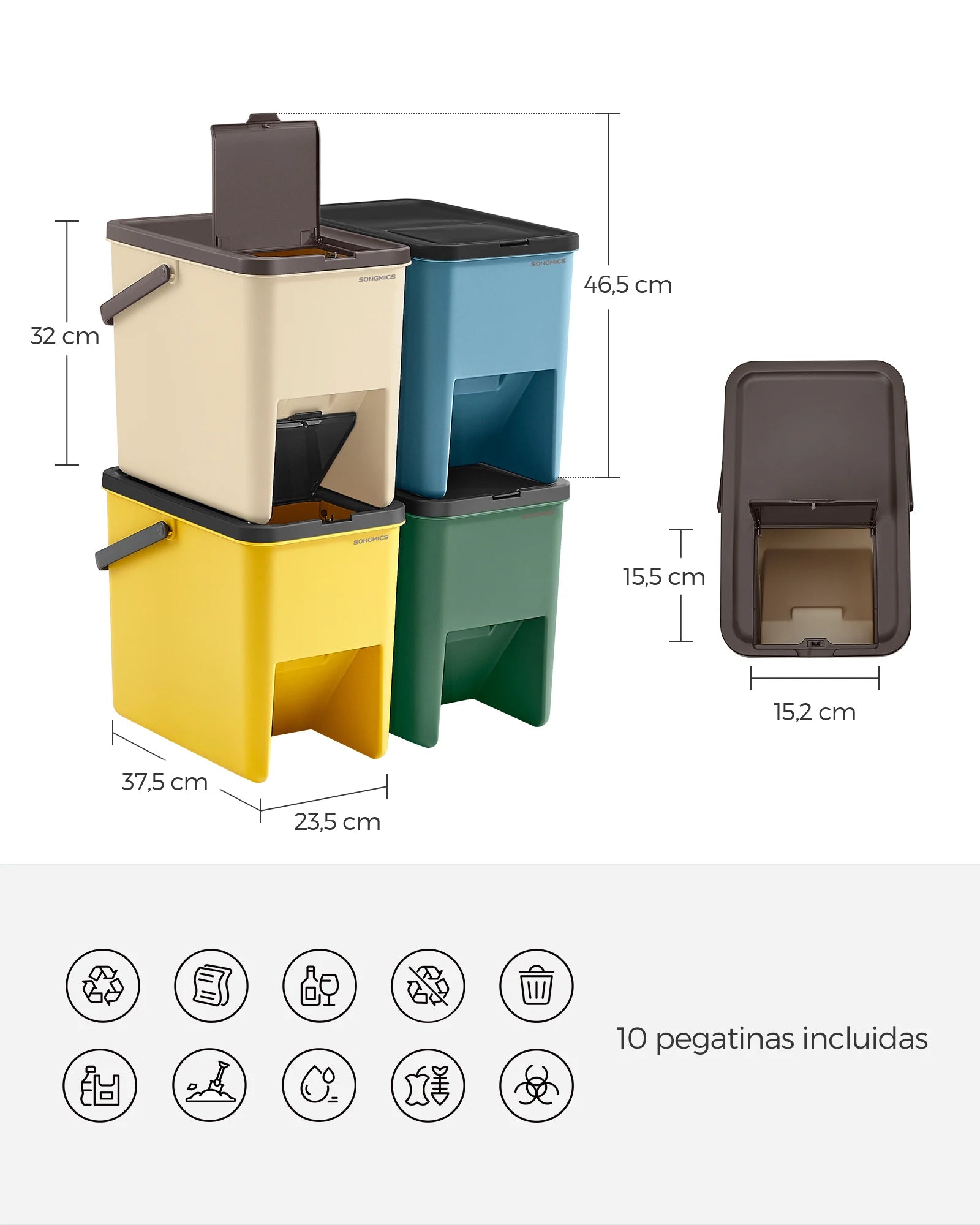 SONGMICS Cubo de Basura, Juego de 4 Cubos Apilables, 20 L Cada, Sistema de Separación Residuos, Tapas Apertura a Presión, con Pegatinas, Cubo de Almacenaje, Amarillo, Azul, Beige y Verde