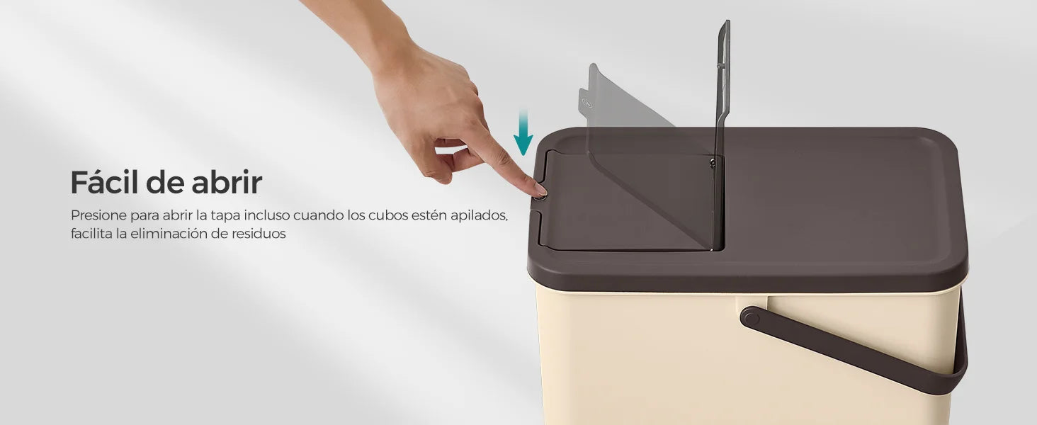 SONGMICS Cubo de Basura, Juego de 4 Cubos Apilables, 20 L Cada, Sistema de Separación Residuos, Tapas Apertura a Presión, con Pegatinas, Cubo de Almacenaje, Amarillo, Azul, Beige y Verde