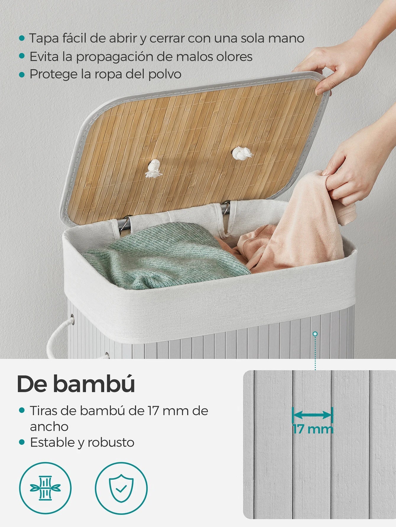 SONGMICS Cesto de la Ropa Sucia con Tapa, 72 L, Cesto de Lavandería de Bambú, Plegable, con Bolsa Lavable Extraíble, Asas, para Lavandería, Dormitorio, Gris/Natural/Negro/Blanco
