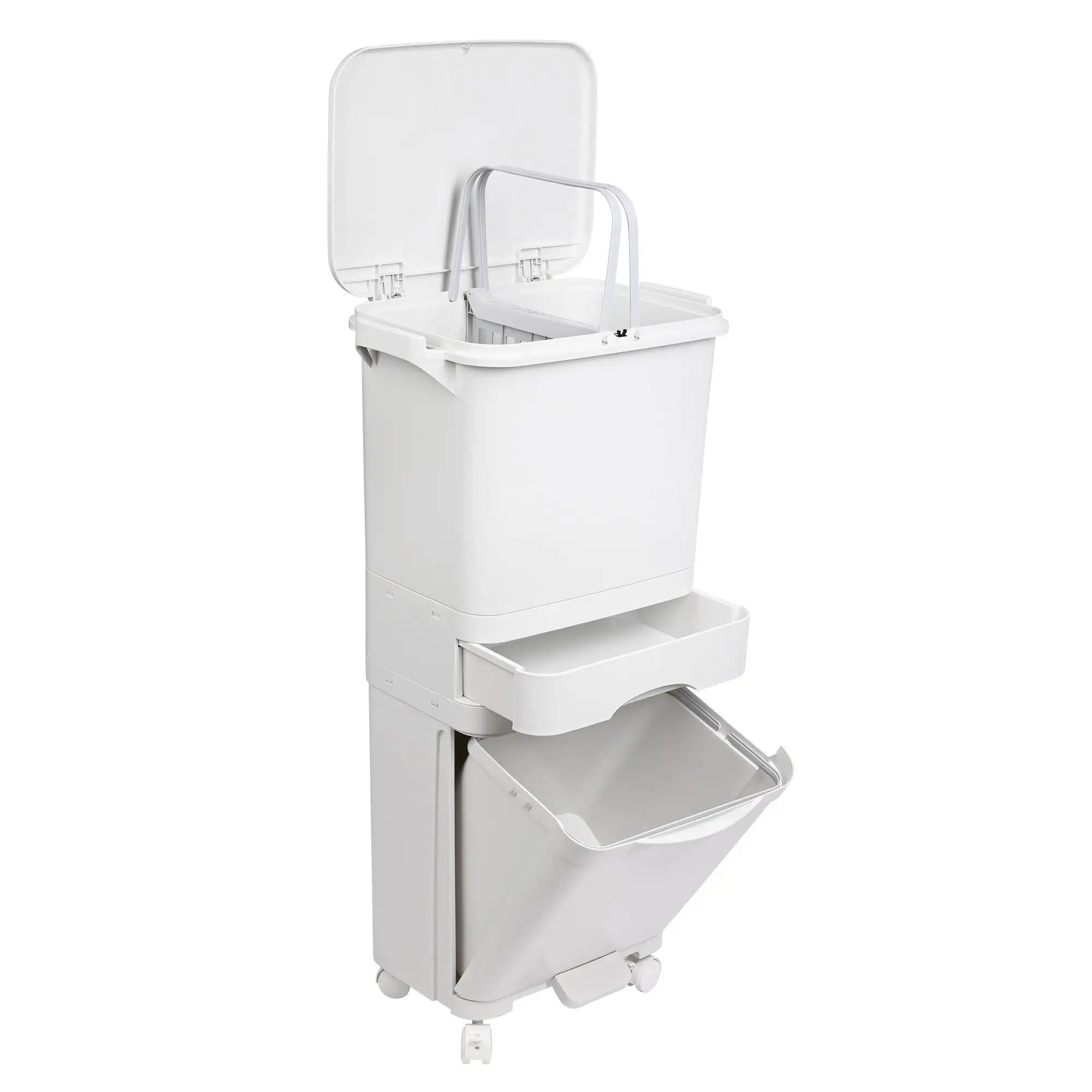 Papelera de reciclaje de clasificación selectiva con pedal, ruedas y asa de doble compartimentos de 38L (24L + 14L) o 42L (24L + 4L + 14L)