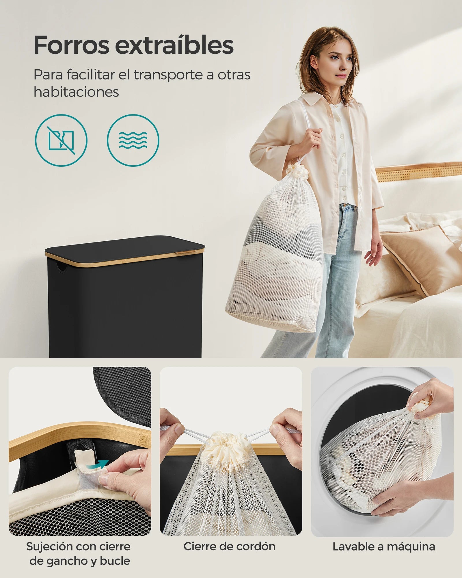 SONGMICS Cesto de Ropa Sucia con Tapa, Gran Cesta Colada de 2 Secciones, 130 L/65 L, Forro de Malla Extraíble, Tejido Oxford, Asas Bambú, Plegable, 52 x 38,5 x 70,5 cm/42 x 22,5 x 70,5 cm, Negro Tinta/Gris Paloma/Blanco Cre