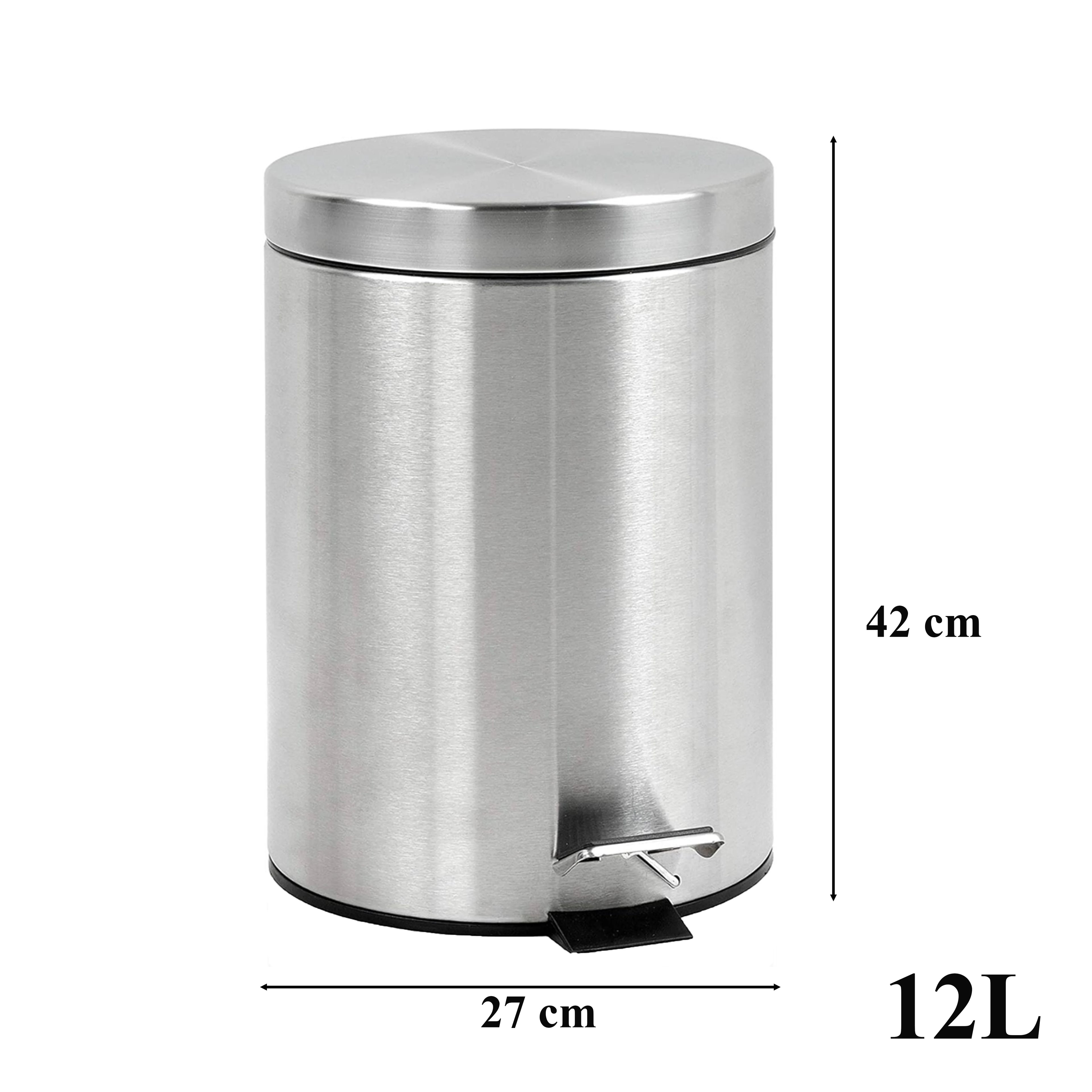 Papelera baño metal plateada, cubo de basura de 3L, 5L, 7L y 12L con pedal de acero inoxidable, papelera moderna de metal para baño con cubo interior de plástico.