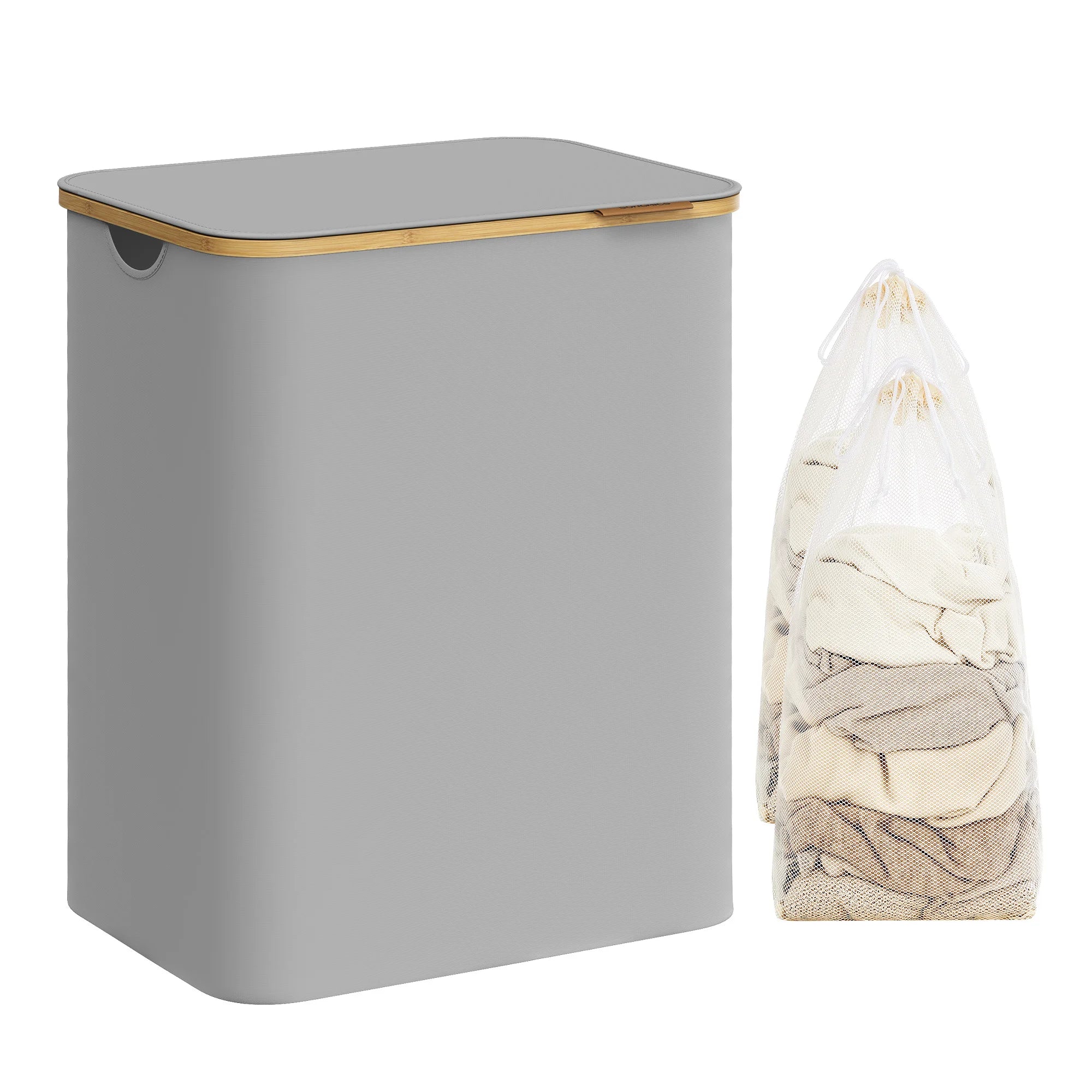 SONGMICS Cesto de Ropa Sucia con Tapa, Gran Cesta Colada de 2 Secciones, 130 L/65 L, Forro de Malla Extraíble, Tejido Oxford, Asas Bambú, Plegable, 52 x 38,5 x 70,5 cm/42 x 22,5 x 70,5 cm, Negro Tinta/Gris Paloma/Blanco Cre