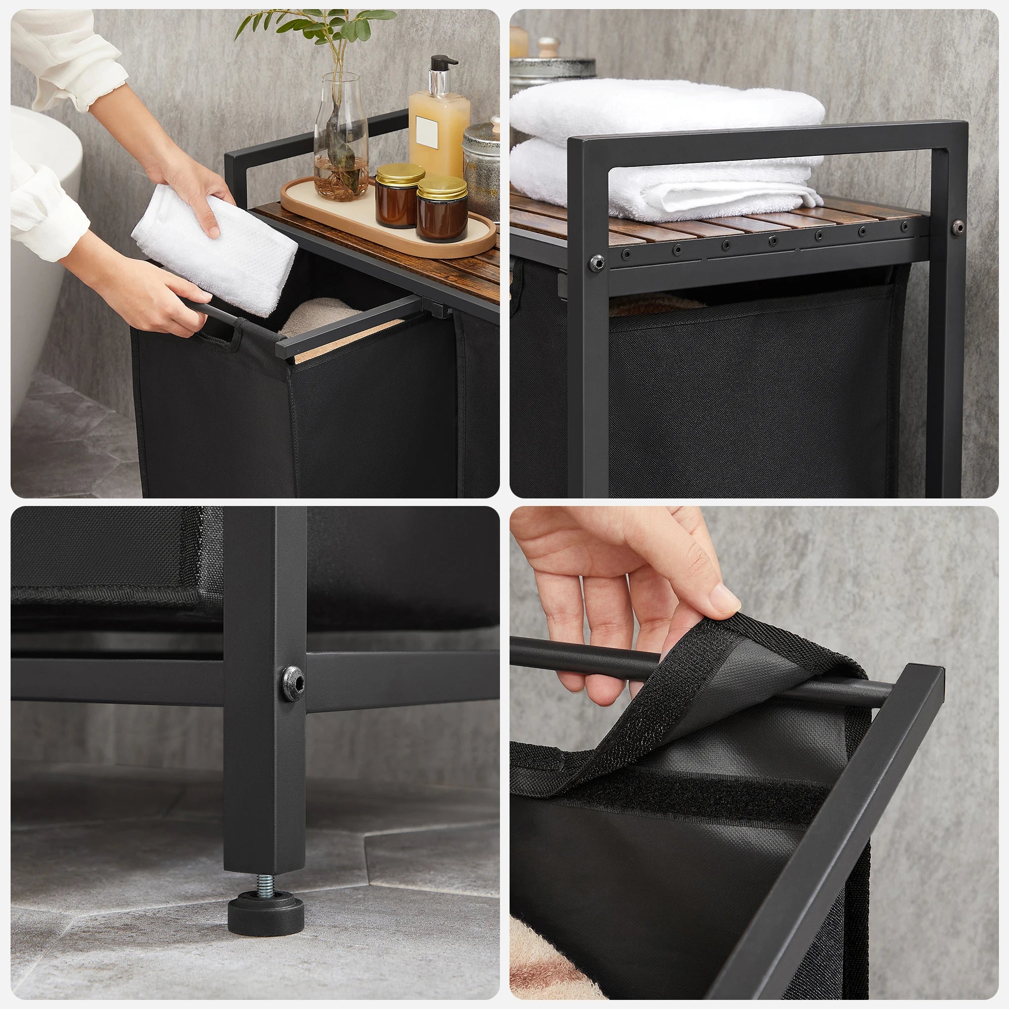 VASAGLE Cesta para la ropa sucia, 2 compartimentos, con 2 bolsas de tela Oxford extraíbles, marco de metal, 2 x 46 litros, 73 x 33 x 72 cm, Marrón Rústico y Negro/Blanco y Gris Claro/Marrón Rústico y Gris/Negro Tinta Gri