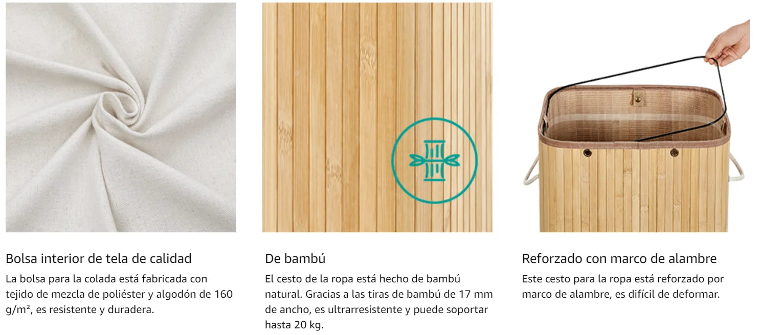 SONGMICS Cesto de la Ropa Sucia con Tapa, 72 L, Cesto de Lavandería de Bambú, Plegable, con Bolsa Lavable Extraíble, Asas, para Lavandería, Dormitorio, Gris/Natural/Negro/Blanco