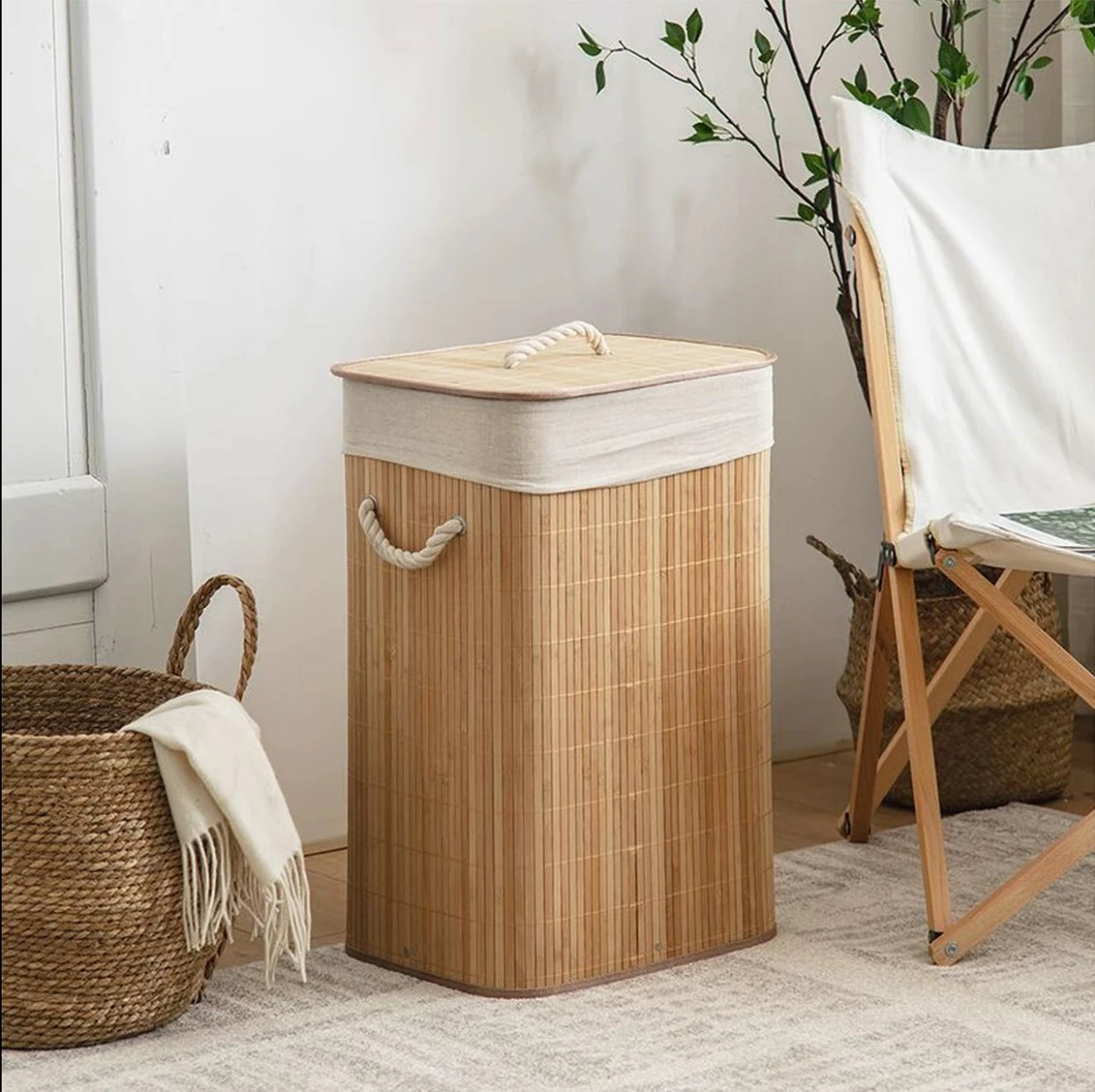 Cesto para Ropa Sucia Plegable de Bambú con Tapa Asas y Bolsa Extraíble Grande Organizador Ecológico y Resistente para Dormitorios y Lavandería