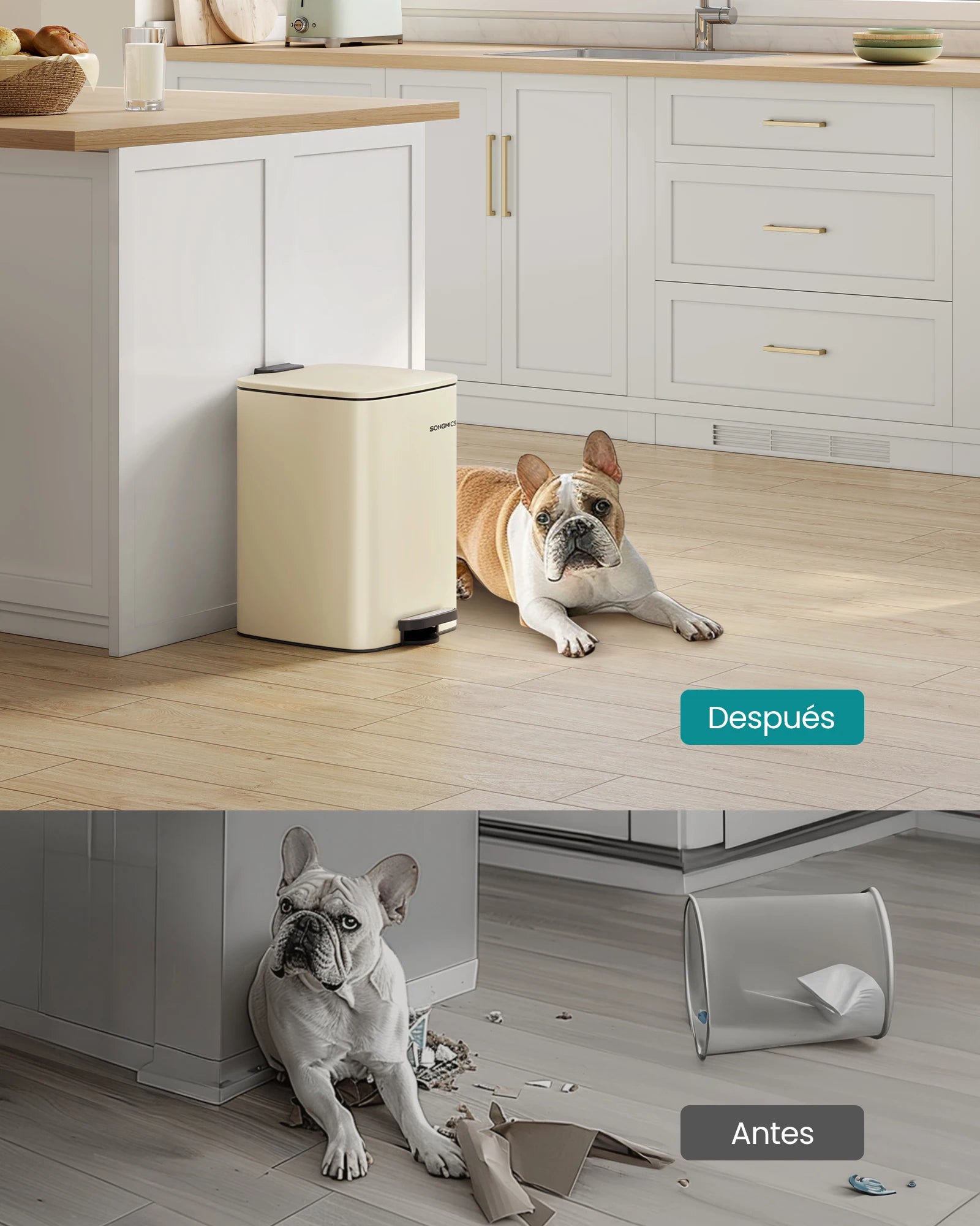 SONGMICS Cubo de Basura, Cubo de Basura de 20/30 L, Cubo de Basura de Cocina de Acero Inoxidable, con Cubo Interior, Cierre Suave y Permanece Abierto, Beige Arena/Negro Tinta/Plata Metálico/Azul Medianoche/Blanco Nube